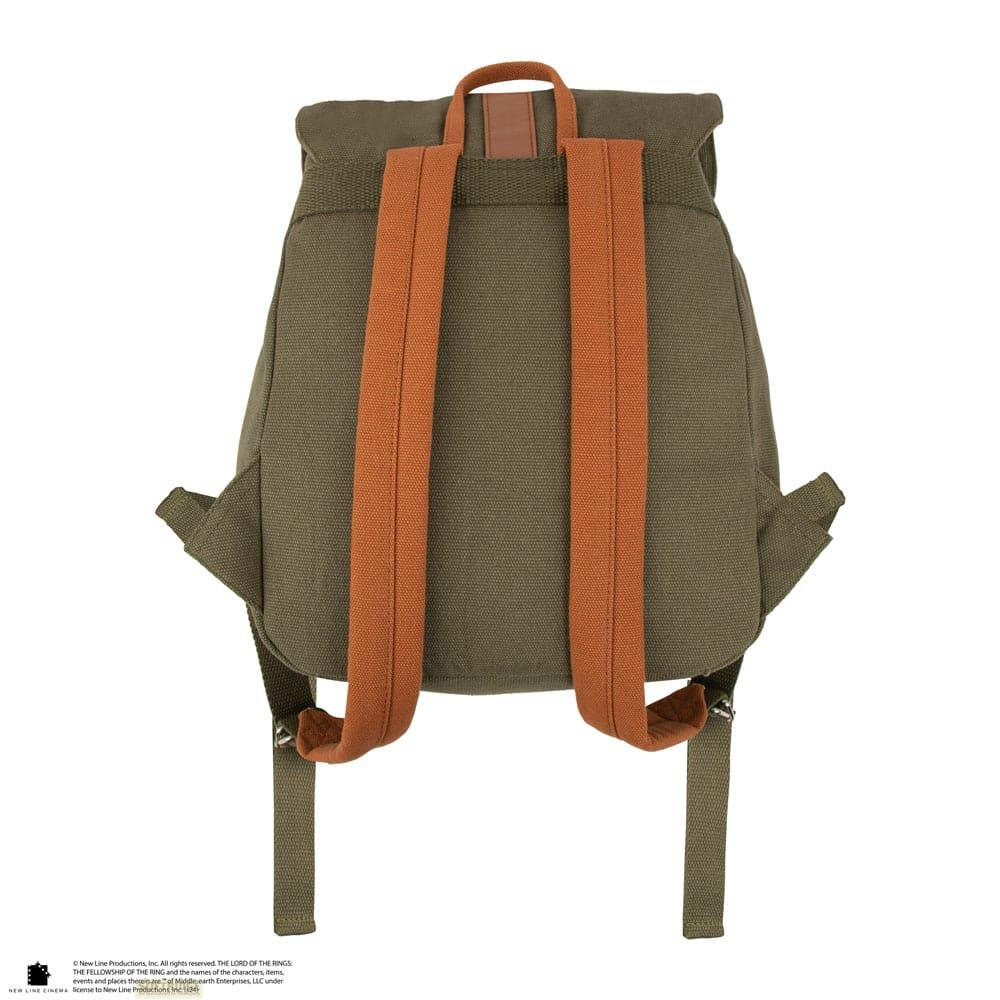 Grüner Rucksack mit braunen Trägern und einem braunen Ledergriff oben.