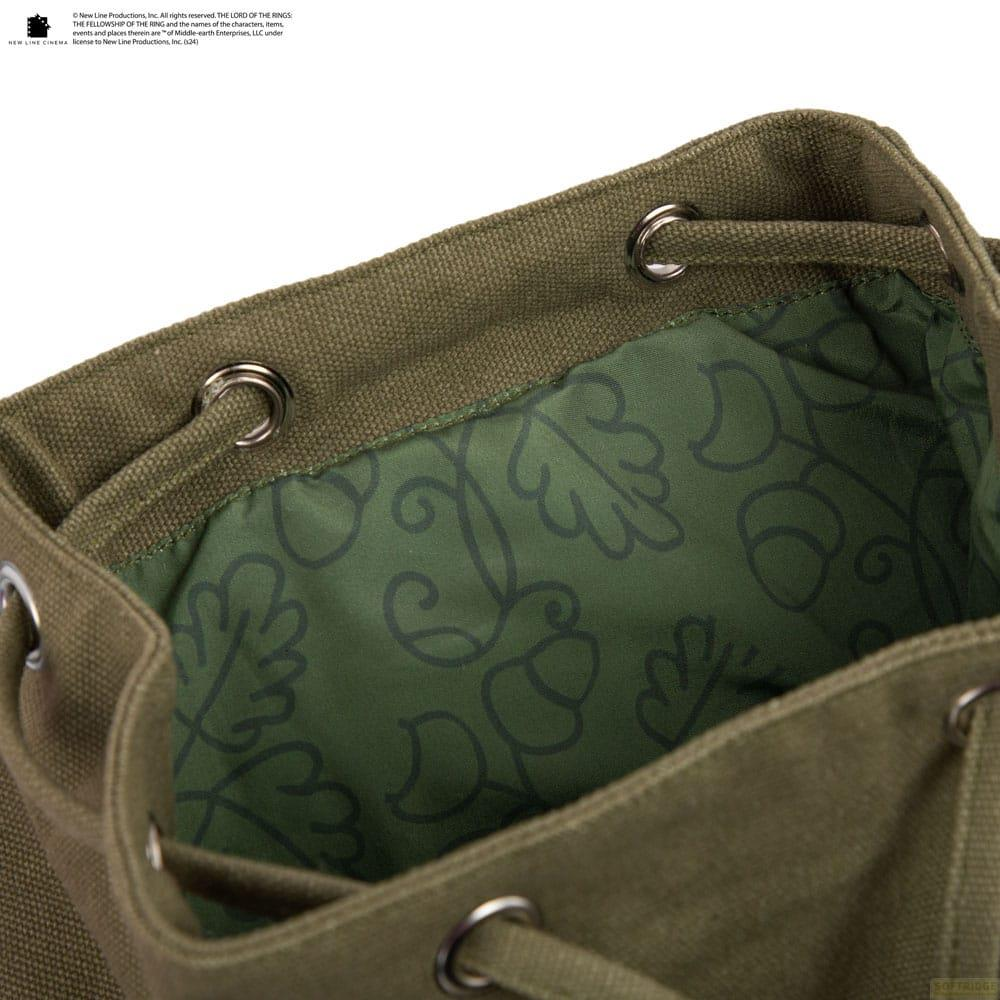 Grüne Stofftasche mit Eichel- und Eichenblattmuster innen.