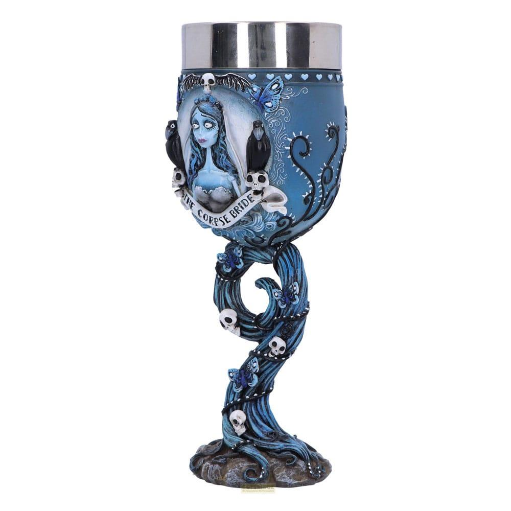 Eine blaue Tasse mit dem Corpse Bride Motiv, Lilien, Krähen und Totenköpfen.