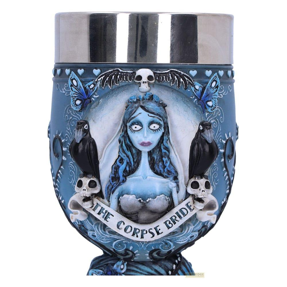 Dekorativer Becher mit Corpse Bride Motiv, blauer Becher mit Totenköpfen und Raben.