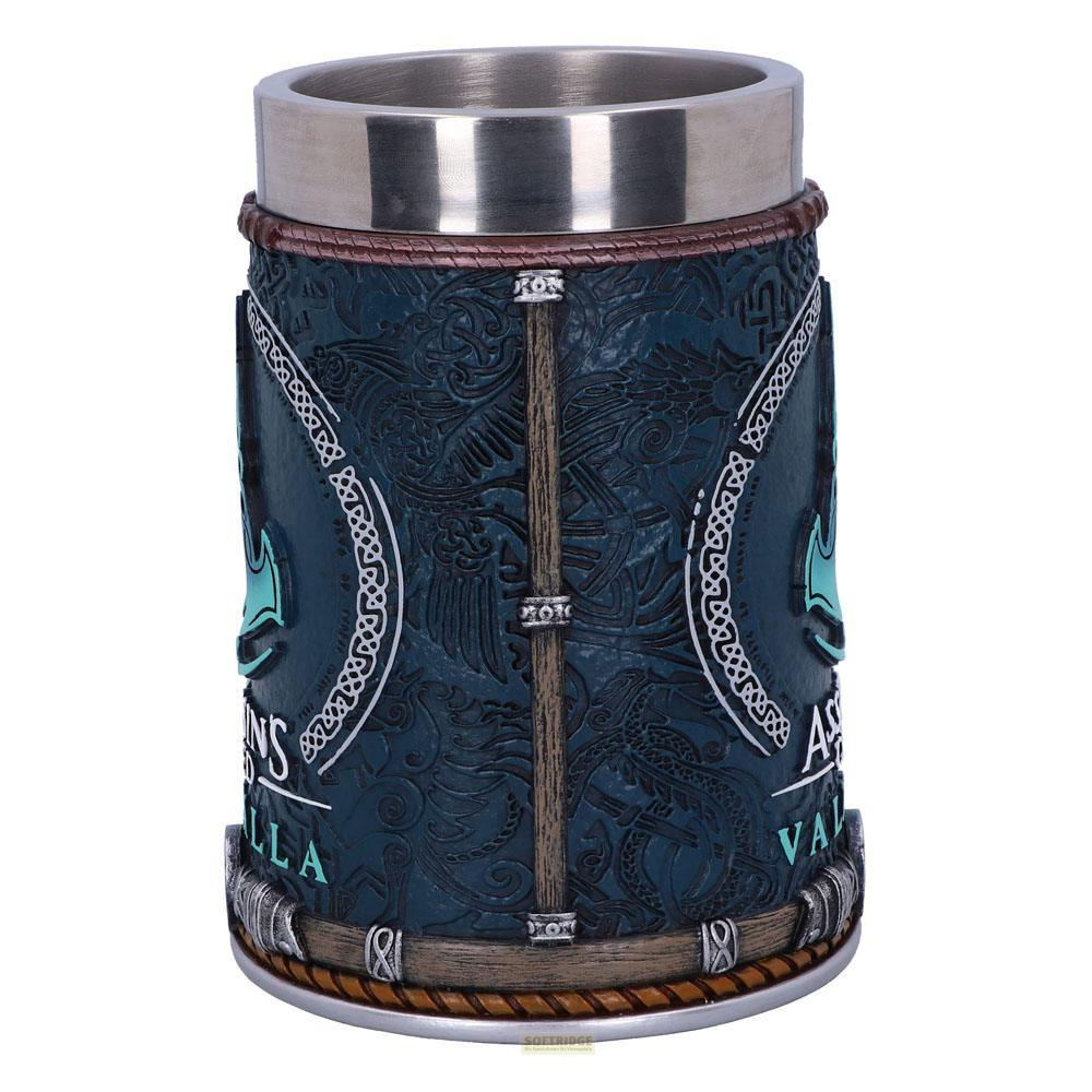 Ein blauer Becher mit Wikingermotiv, silberner Rand und detaillierten Verzierungen.