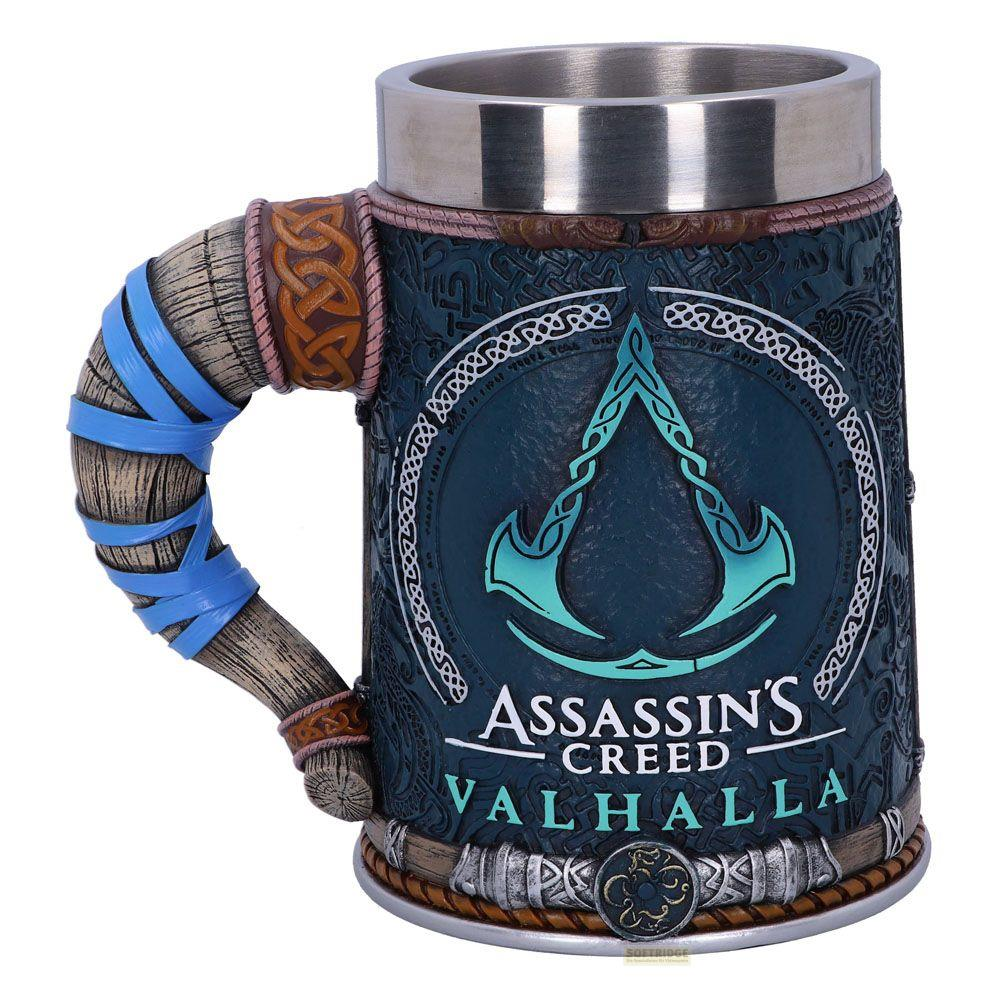 Ein Assassins Creed Valhalla Bierkrug mit einem Wikinger-Motiv und einem Metalleinsatz.