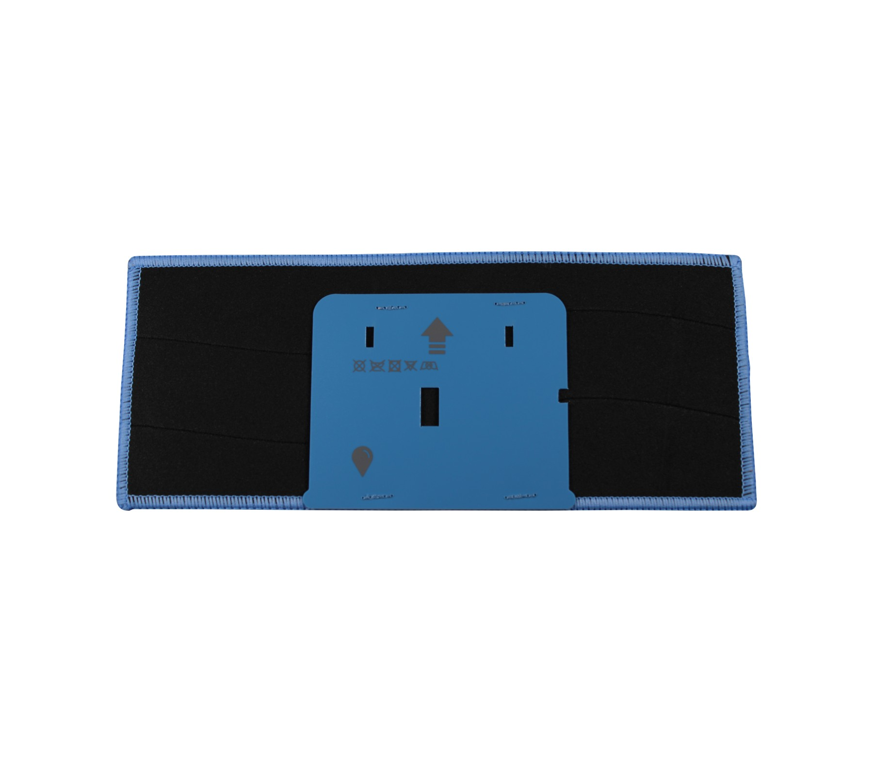 Schwarzes Mopppad mit blauer Umrandung und blauer Halterung mit Symbolen.
