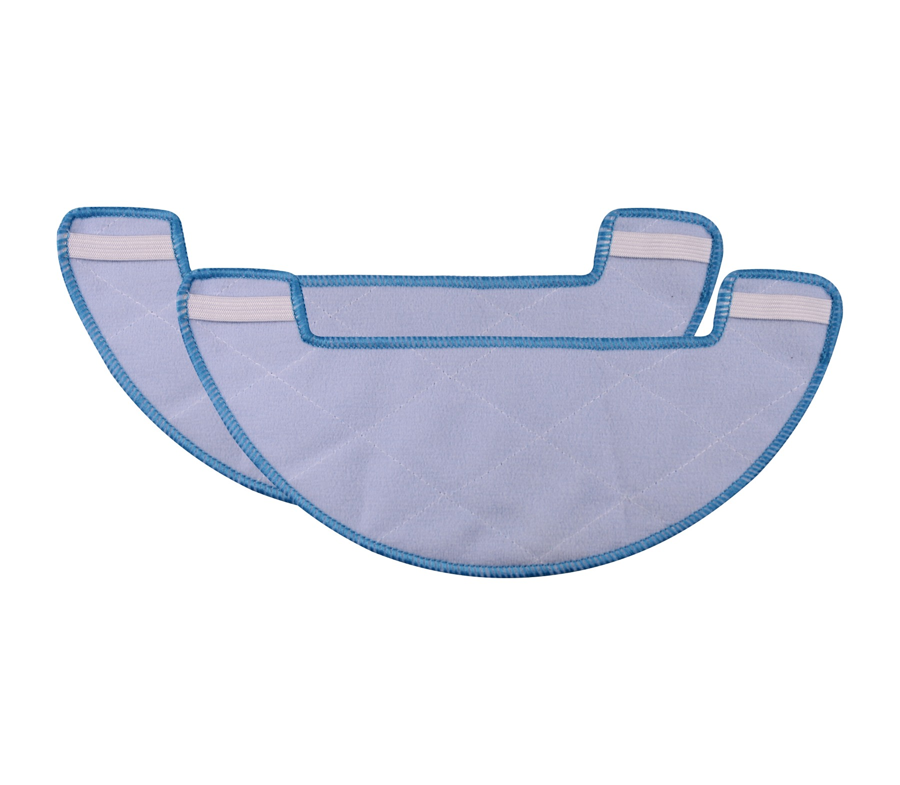 Zwei hellblaue Moppköpfe mit blauen Rändern und weißen Gummibändern.