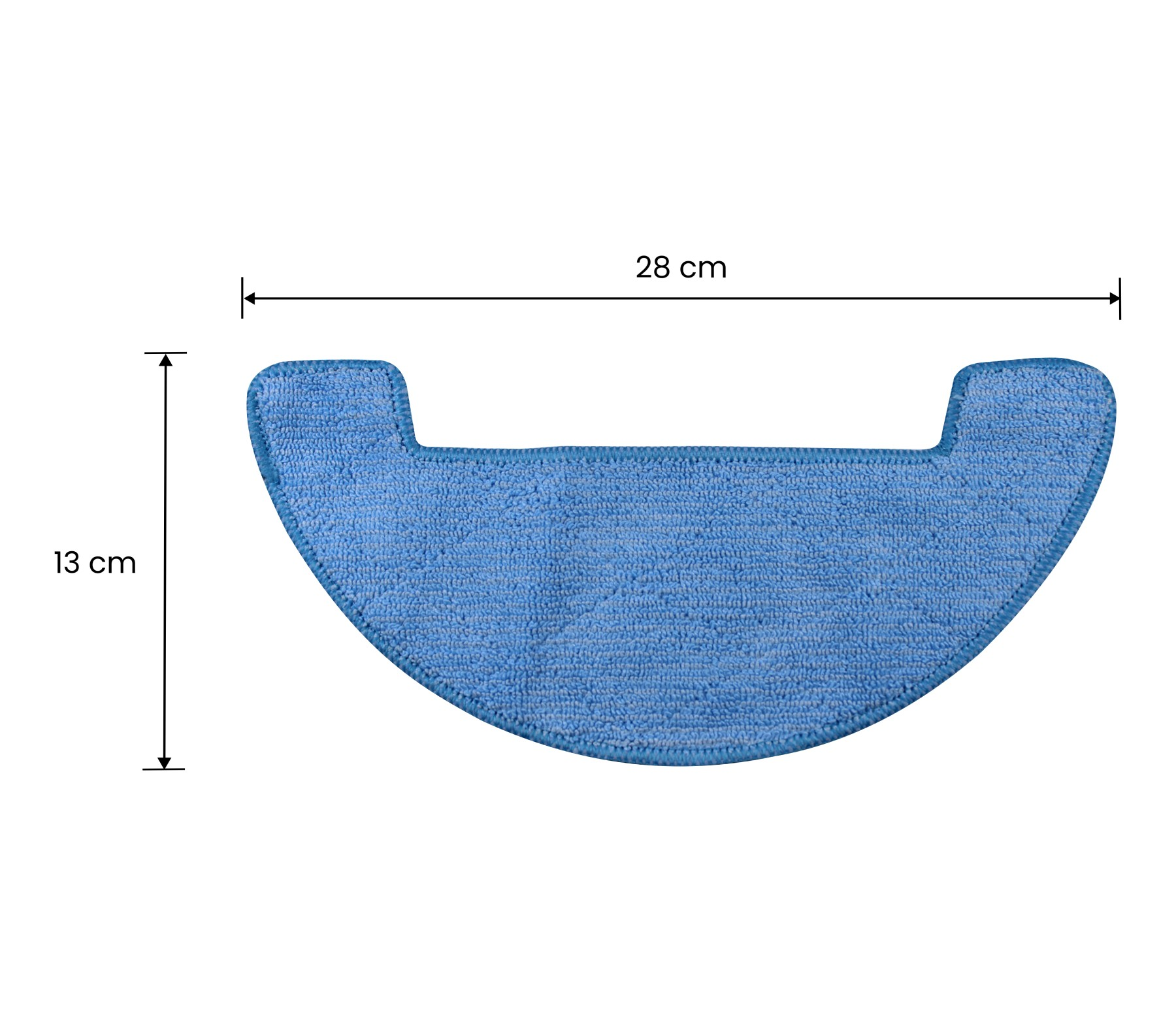 Blaues Mikrofasertuch, 28 cm breit und 13 cm hoch, mit Einkerbungen.