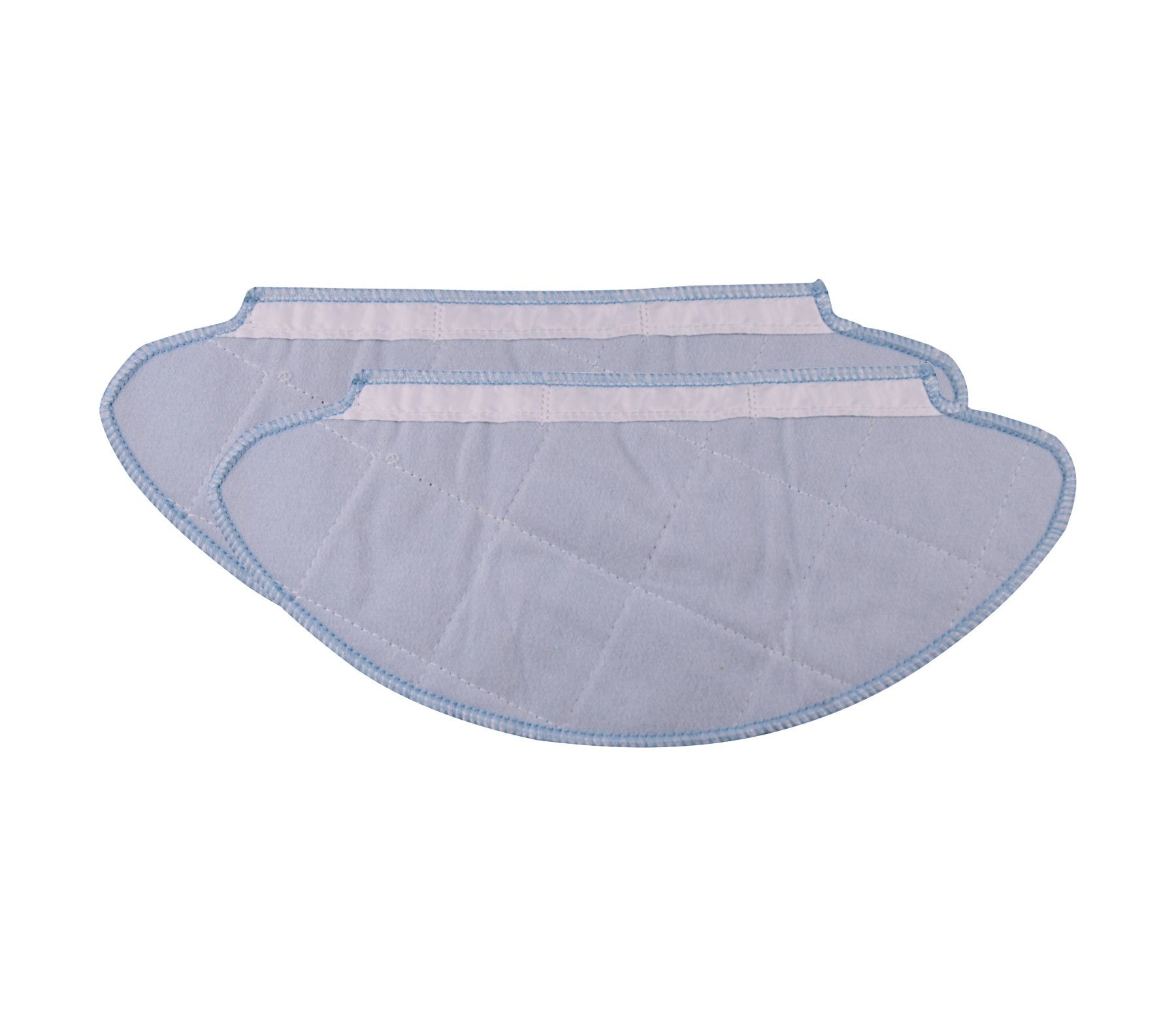 Zwei hellblaue Wischmopp-Aufsätze mit weißen Streifen und blauen Nähten.