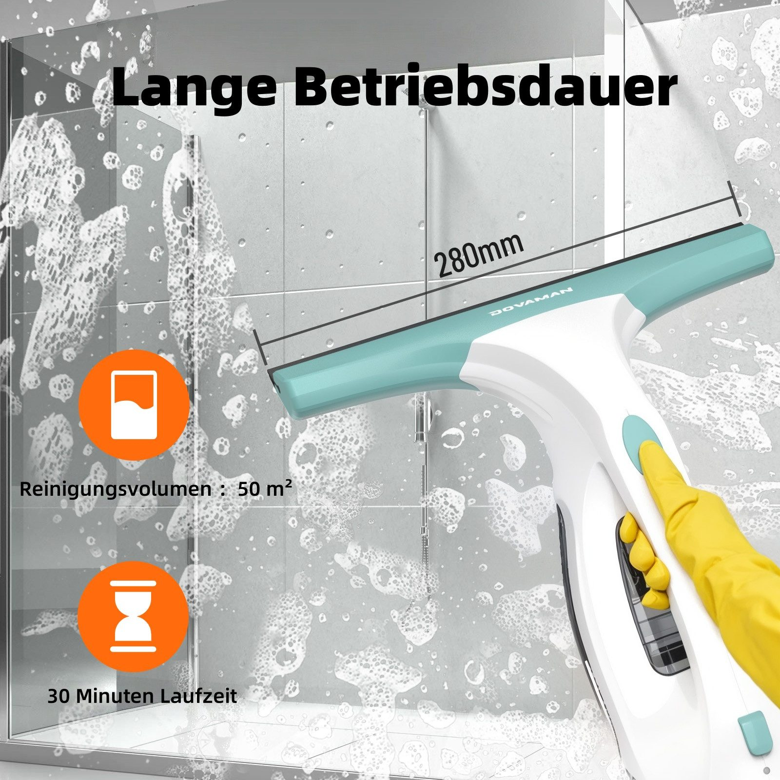 Fensterreiniger mit 280mm Breite, 50m² Kapazität und 30 Min Laufzeit.