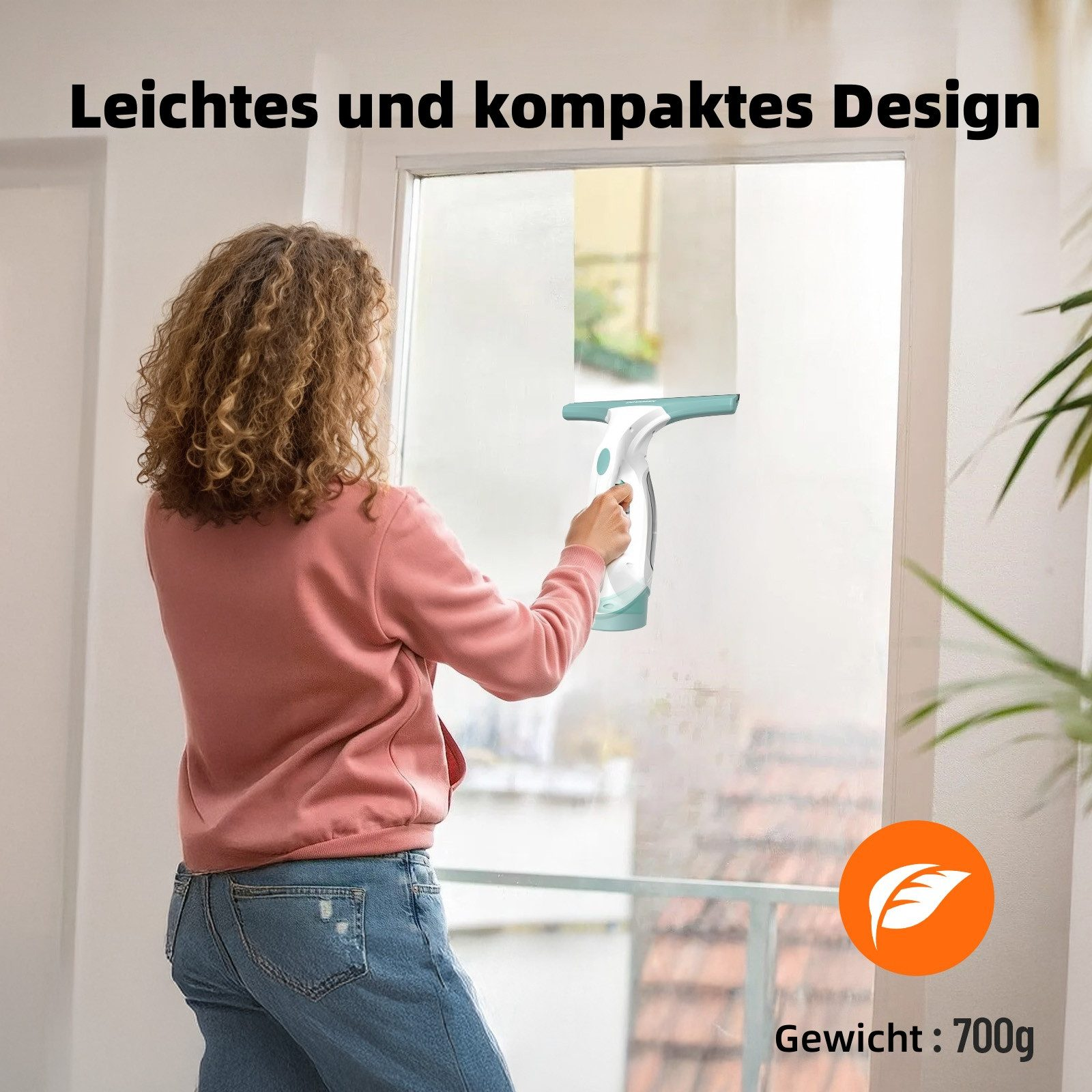 Frau mit lockigem Haar reinigt Fenster mit Akku-Fenstersauger. Text: Leichtes Design.