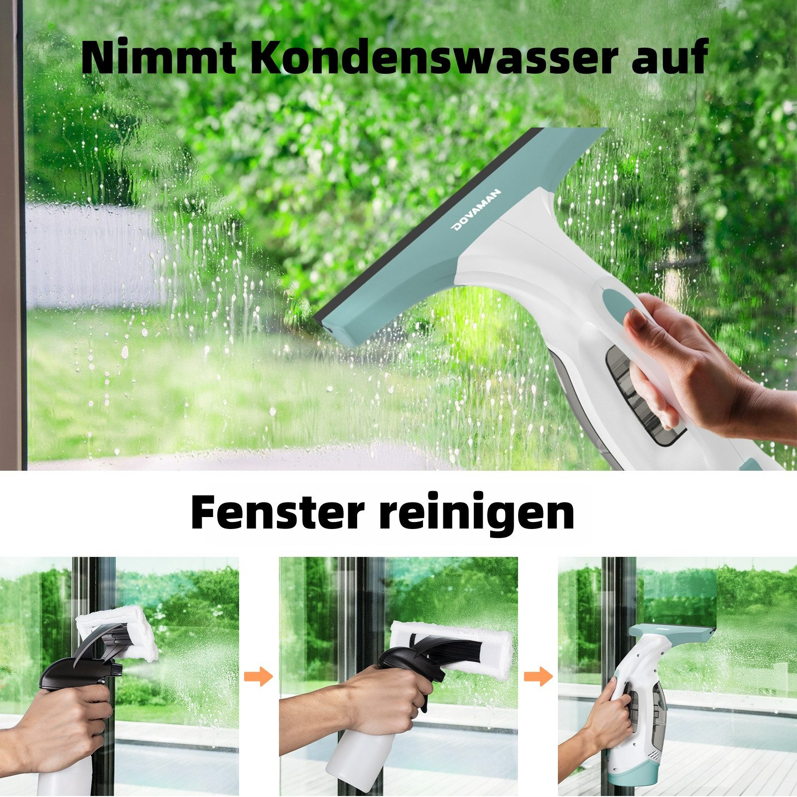 Fensterreiniger mit Saugfunktion auf nassem Fenster, daneben drei Schritte zur Reinigung.