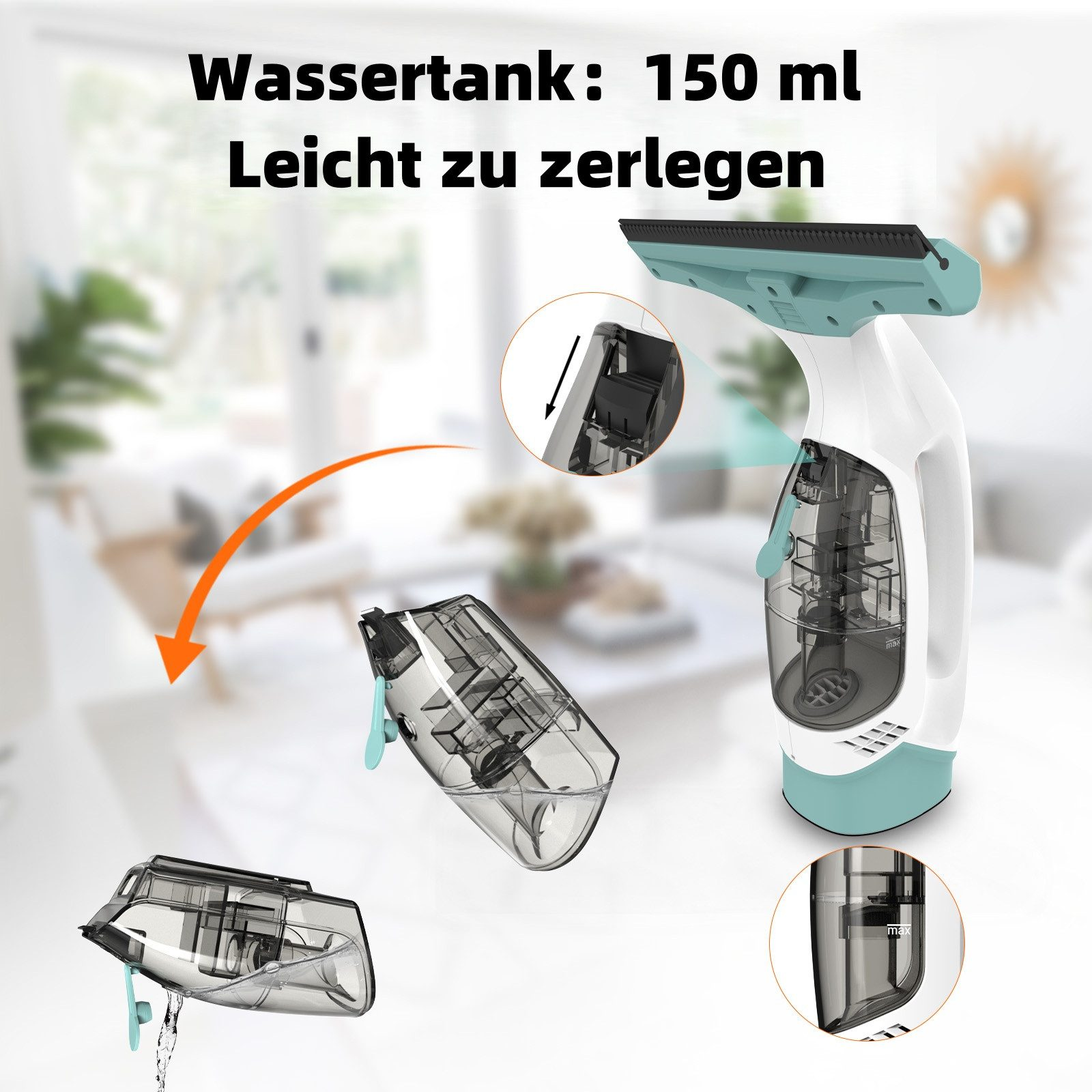 Fensterreiniger mit abnehmbarem 150ml Wassertank und Saugfunktion.