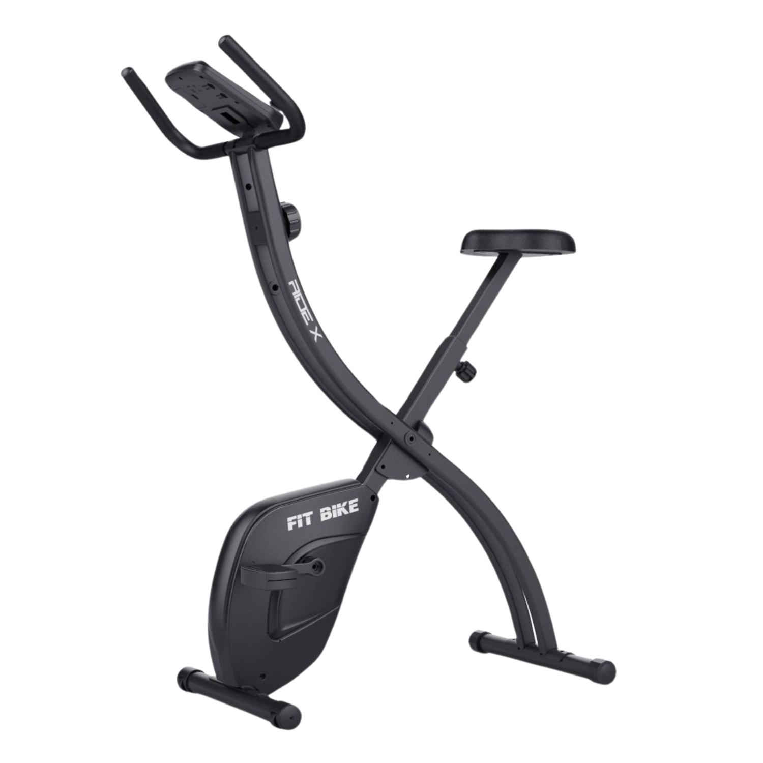 Een zwarte, opvouwbare hometrainer met zadel, stuur en display.