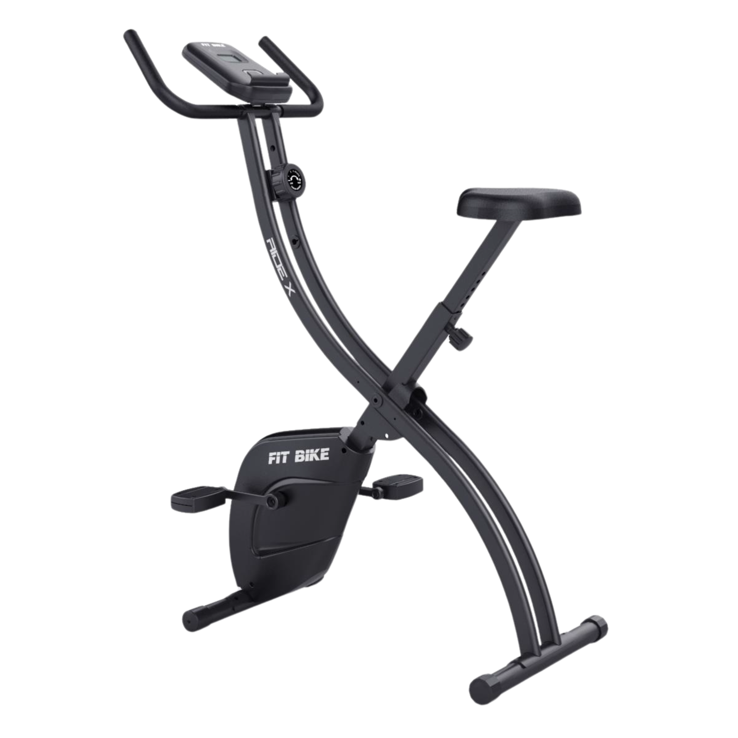 Een zwarte, opvouwbare hometrainer met display, zadel en pedalen.