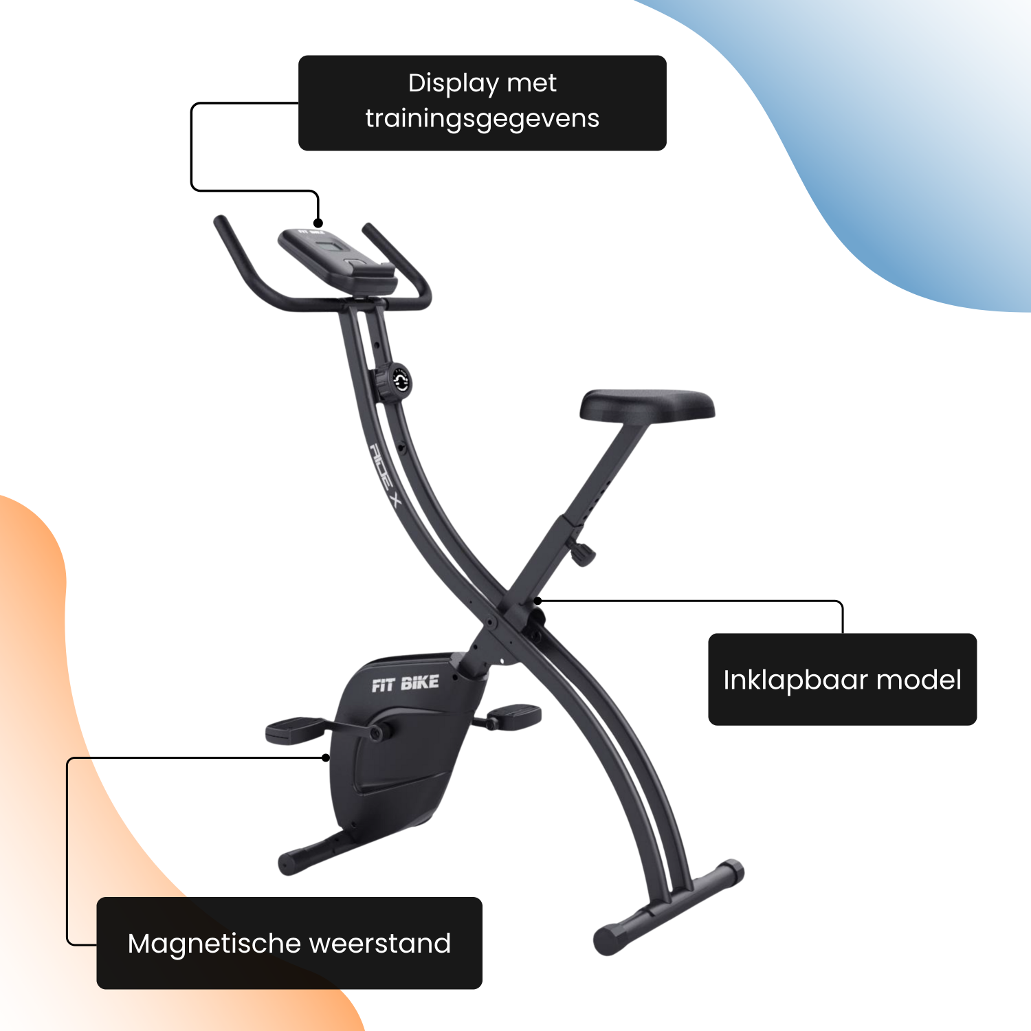 Een zwarte, inklapbare hometrainer met magnetische weerstand en trainingsdisplay.
