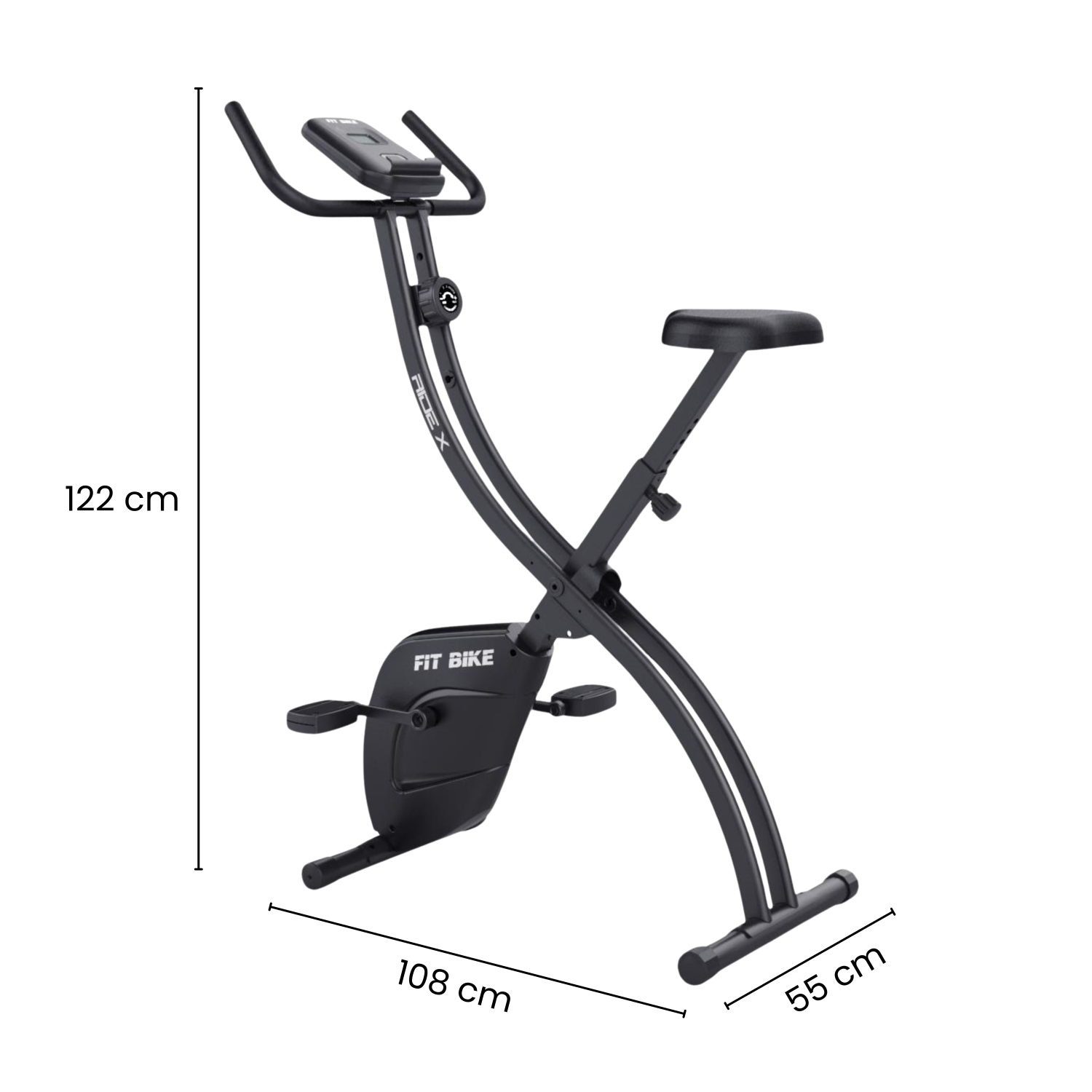Een zwarte opvouwbare hometrainer met zadel, stuur en pedalen. Afmetingen getoond.