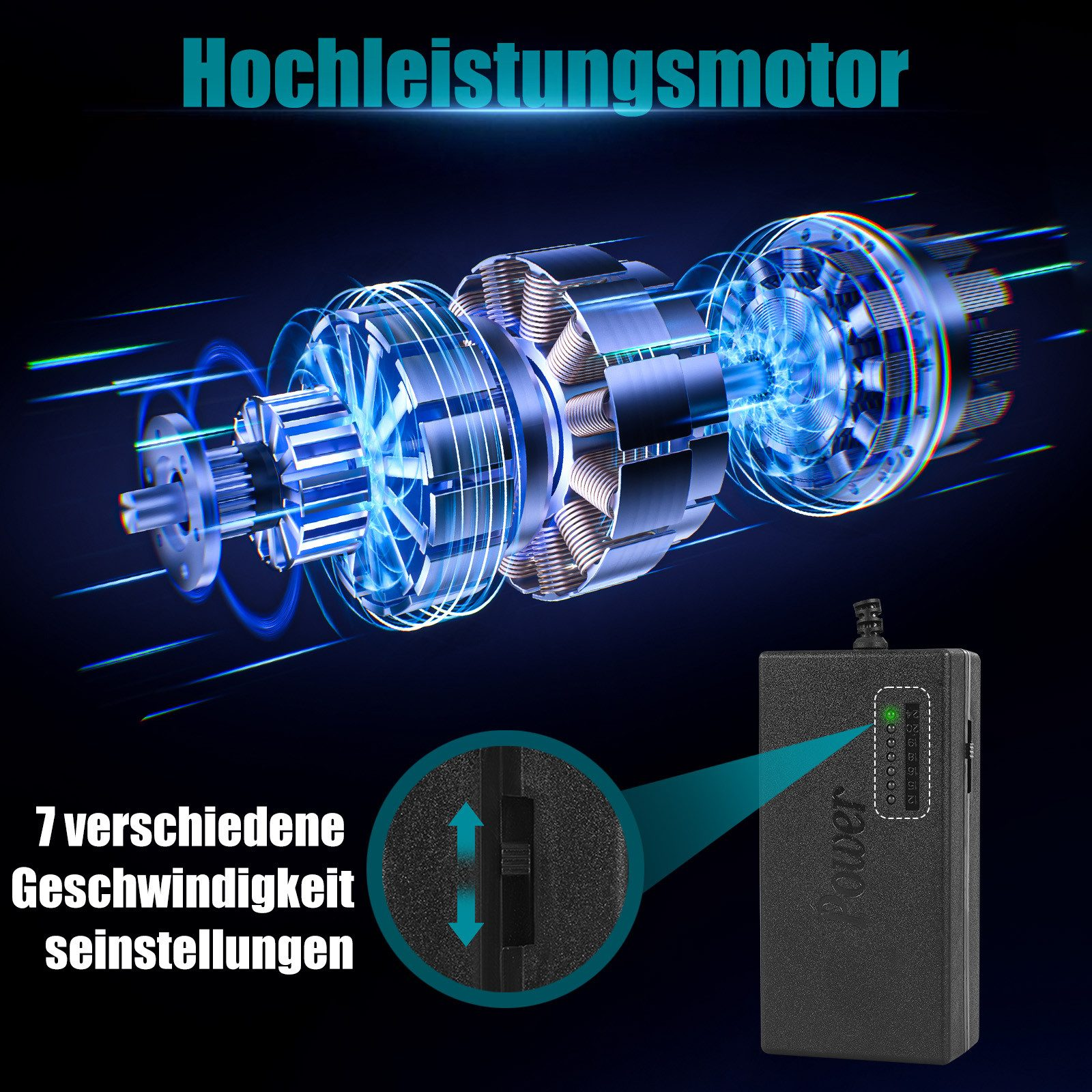 Ein Hochleistungsmotor mit blauen Energielinien und Netzteil.