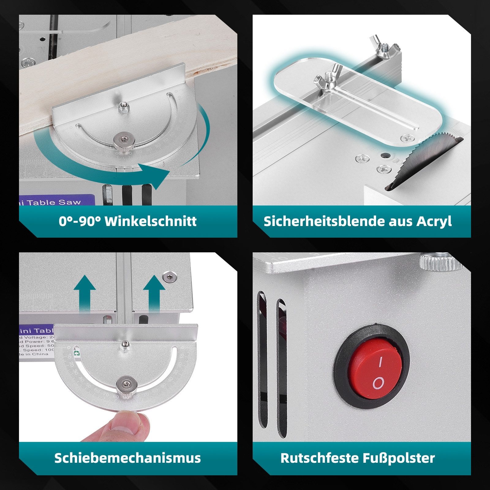 Vier Ansichten einer Mini-Tischsäge: Winkelschnitt, Acrylschutz, Schiebemechanismus, Schalter.