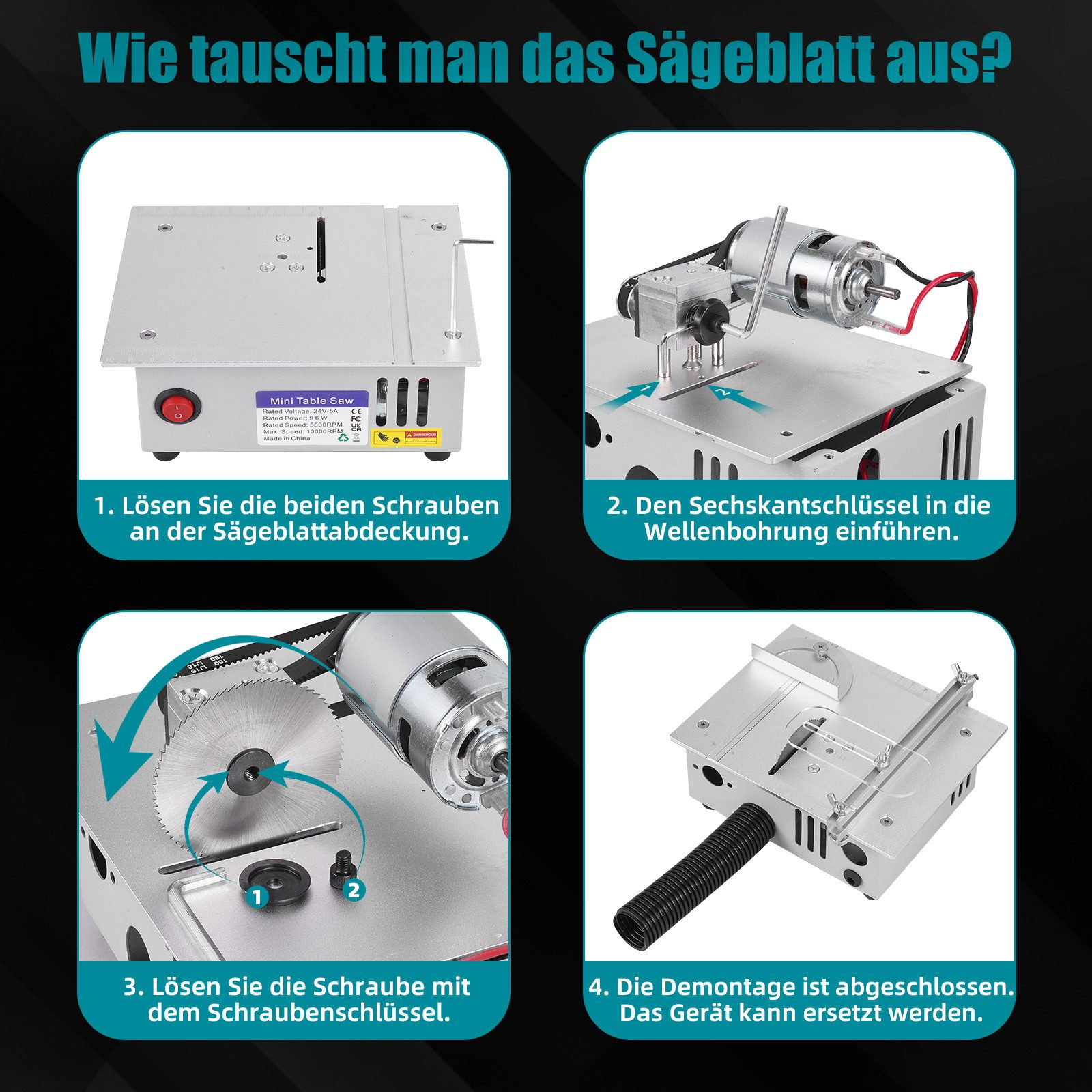 Schritt-für-Schritt-Anleitung zum Wechseln des Sägeblatts einer Mini-Tischsäge.