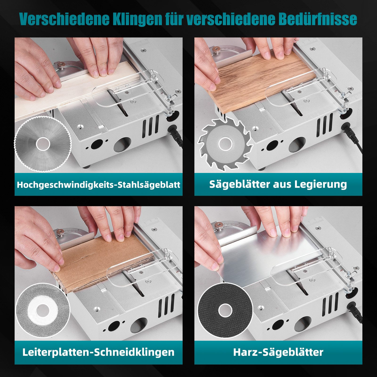 Vier Bilder zeigen verschiedene Sägeblätter und deren Anwendung auf einer Tischkreissäge.
