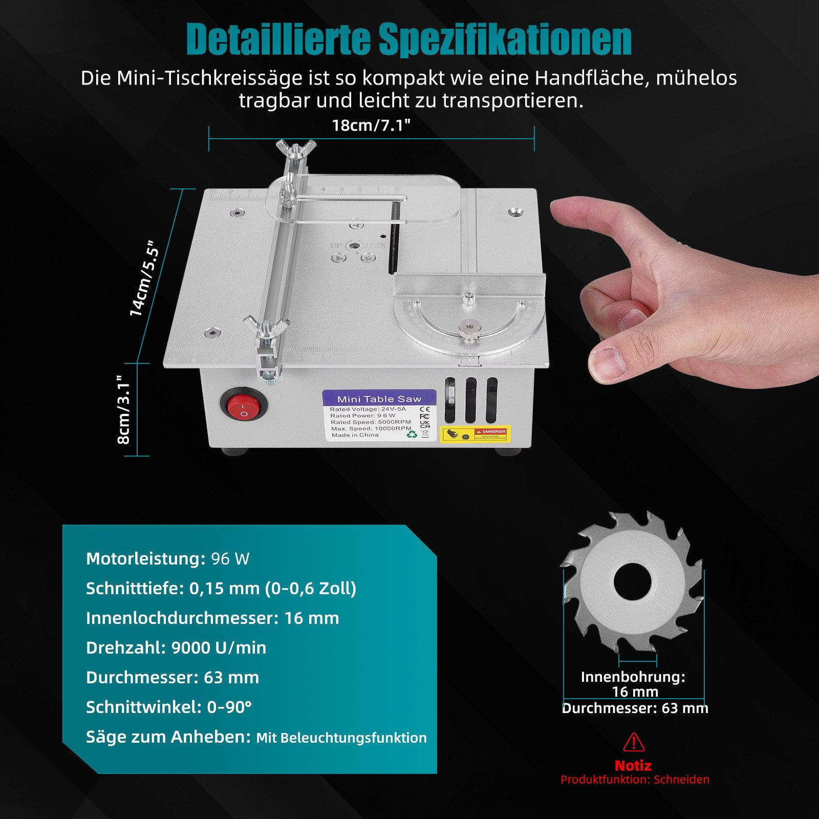 Mini-Tischkreissäge mit Spezifikationen: 96W, 16mm Bohrung, 63mm Blatt.