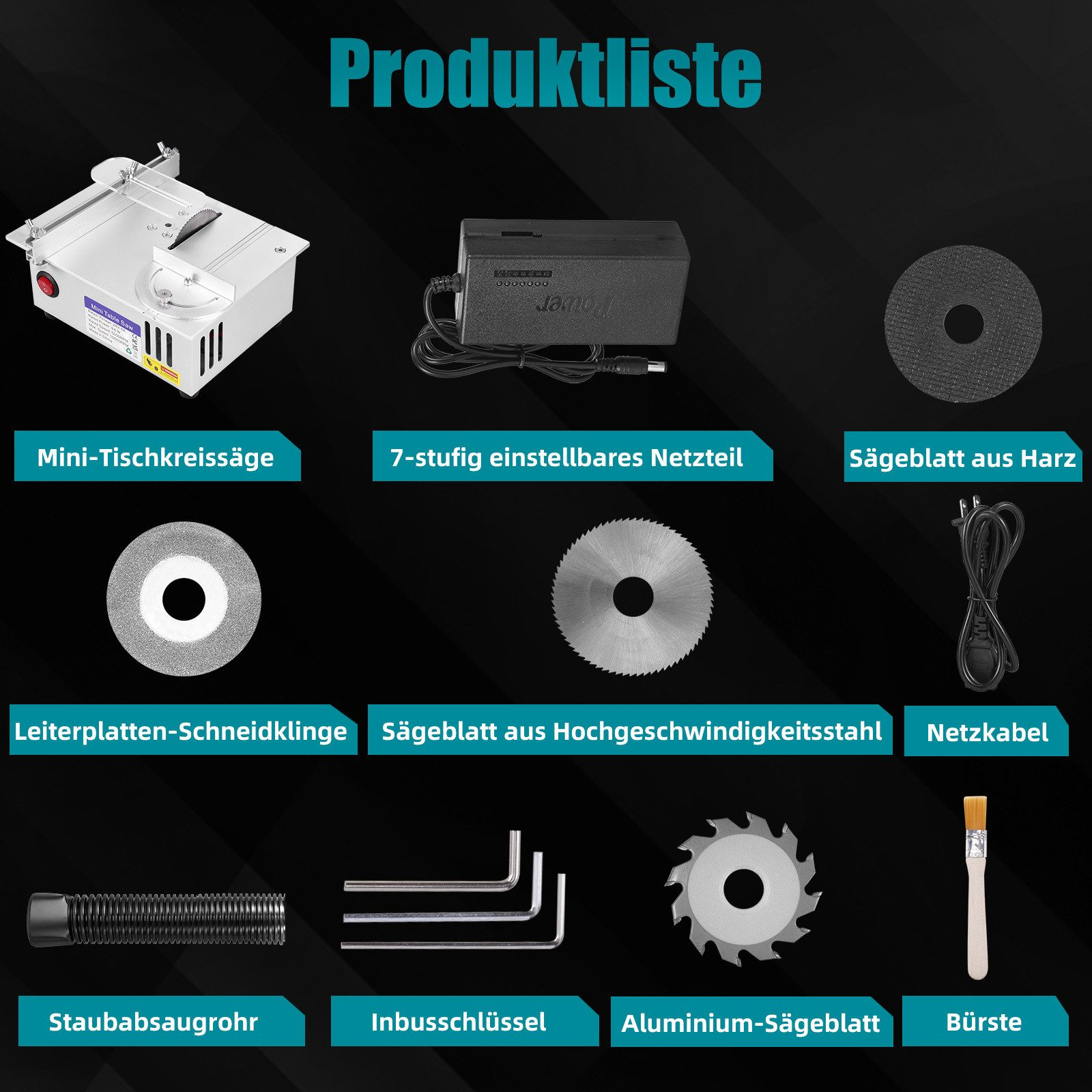 Produktliste mit Werkzeugen: Säge, Netzteil, Sägeblätter, Kabel, Bürste.