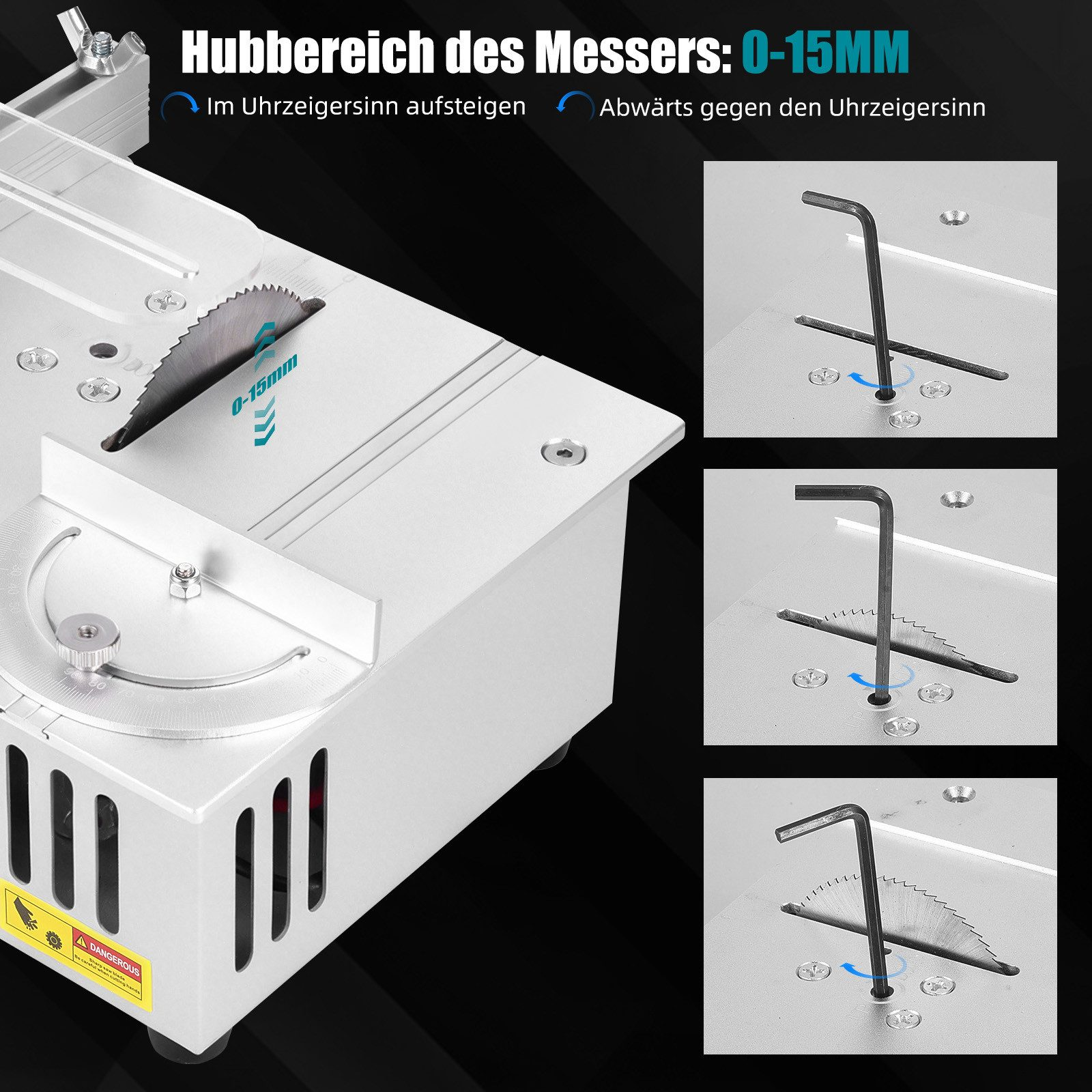 Kleines Sägeblatt mit Tiefenverstellung von 0-15mm, daneben Inbus-Schlüssel.