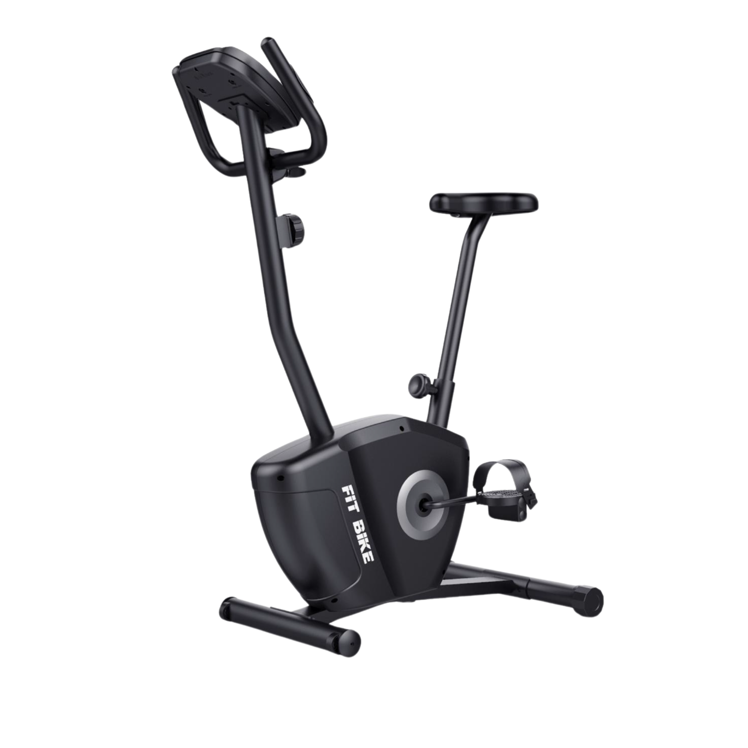 Een zwarte hometrainer met zadel, stuur en pedalen, op een witte achtergrond.