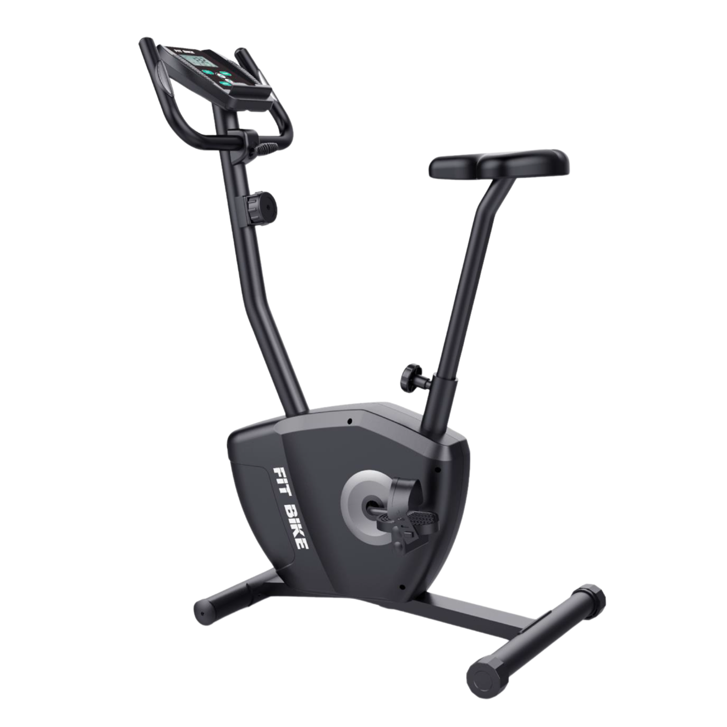 Zwart hometrainer met digitaal display en zadel.