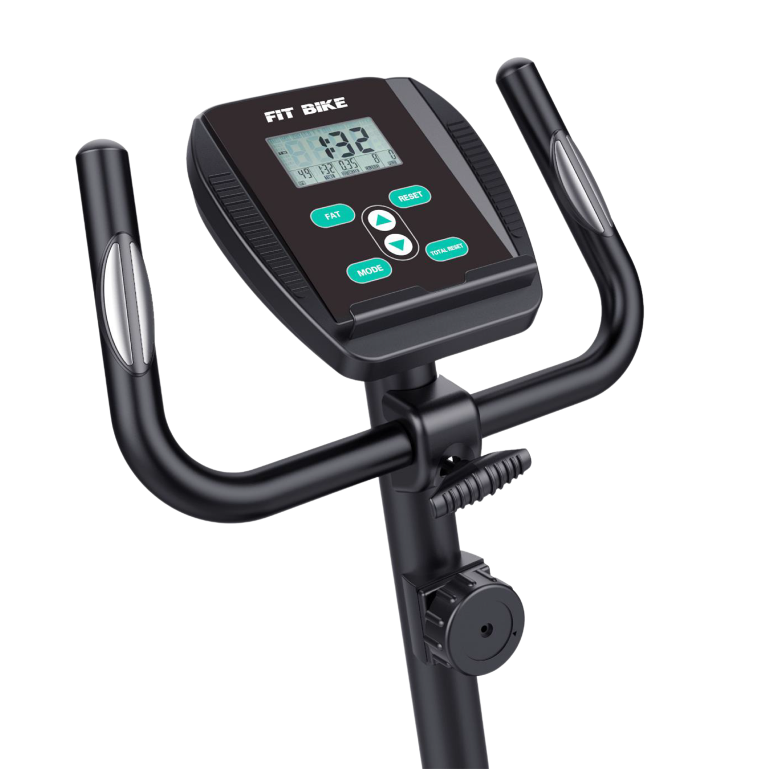 Close-up van een zwarte hometrainer console met digitaal display en handvatten.