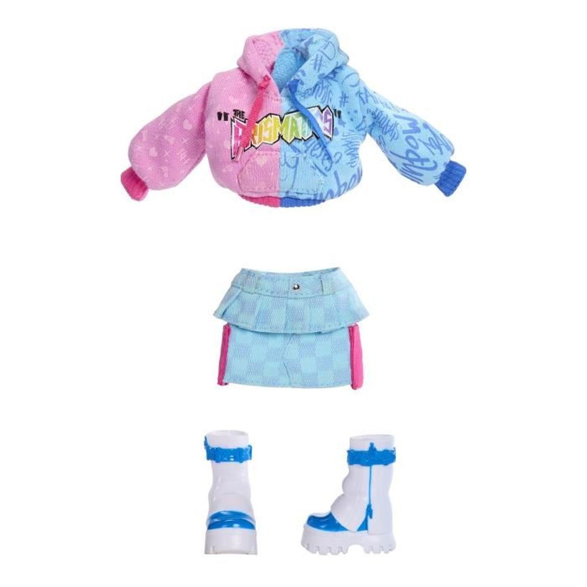 Zweiteiliges Outfit: ein Hoodie in Pink und Blau, ein blauer Rock und weiße Stiefel mit blauen Akzenten.