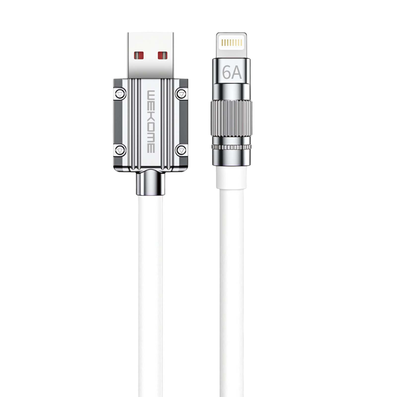 Un cavo da USB a Lightning bianco con connettori argentati.