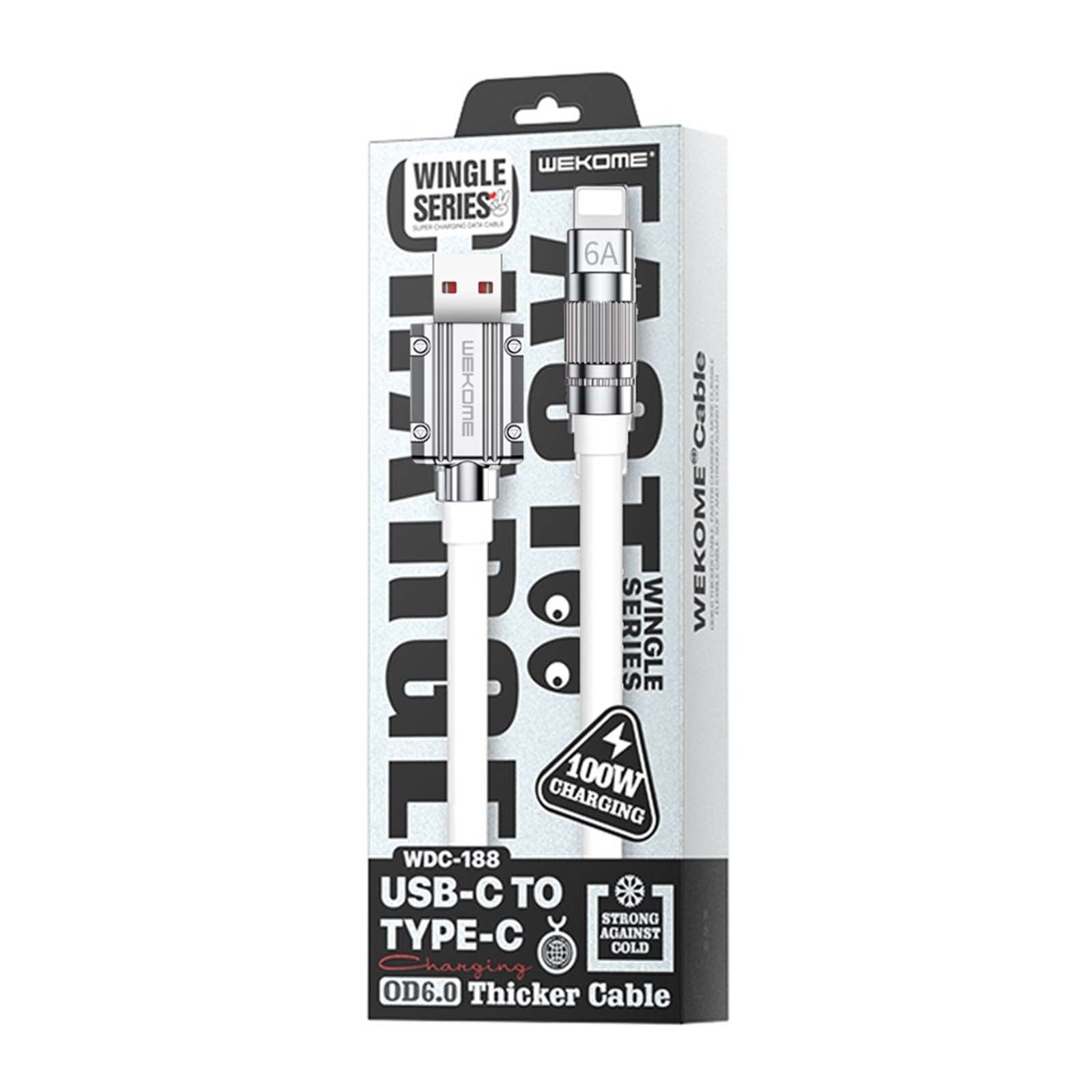 Confezione di un cavo di ricarica bianco WEKOME Wingle Series da USB-C a Type-C.