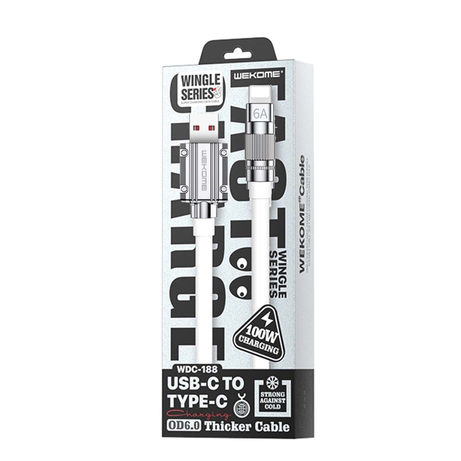 Confezione di un cavo di ricarica WEKOME da USB-C a USB-C, ricarica rapida 100W.