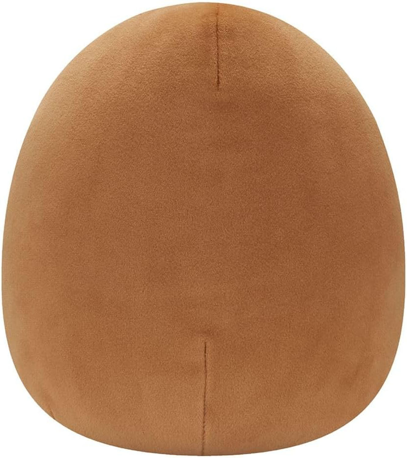 Ein brauner, runder Plüschball mit einer Naht in der Mitte.