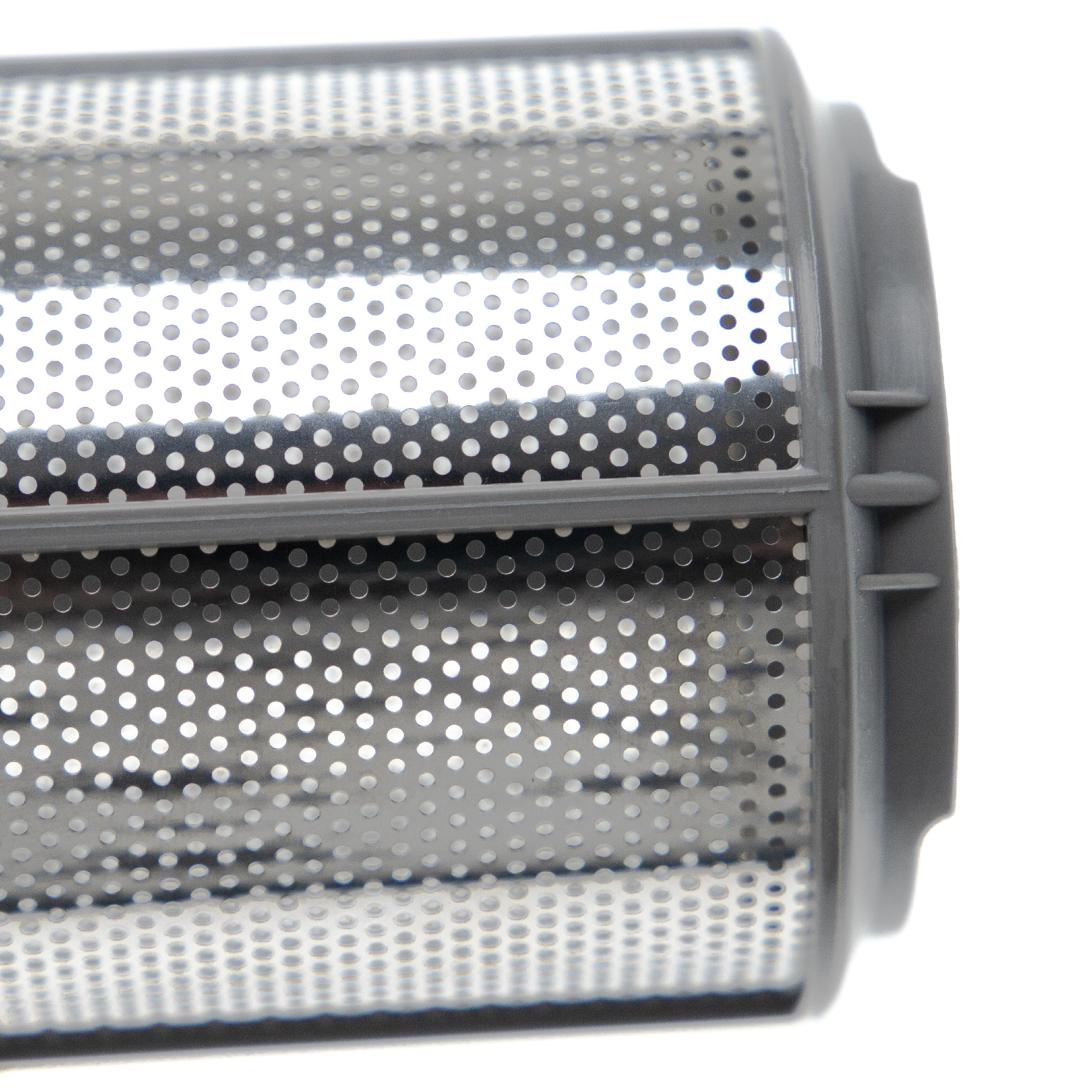 Ein zylindrischer Metallfilter mit vielen kleinen Löchern und einem grauen Kunststoffrand.