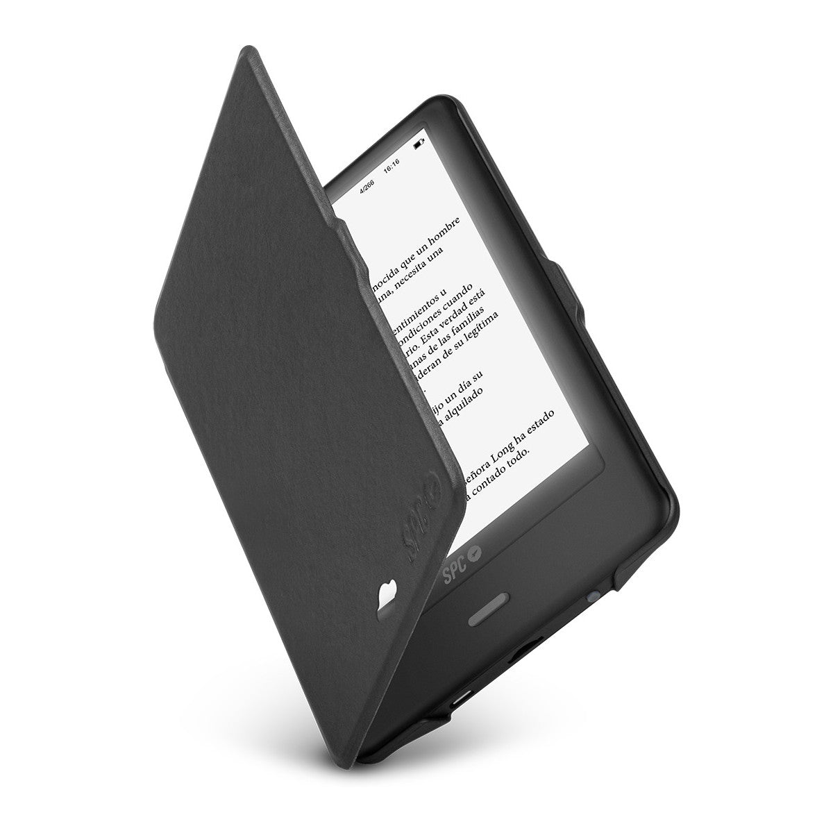 Un lector de libros electrónicos negro con la funda abierta, mostrando texto.