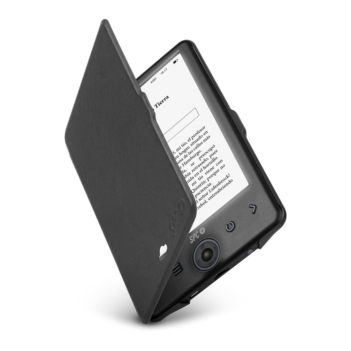 Un lector de libros electrónicos negro con funda abierta mostrando texto.