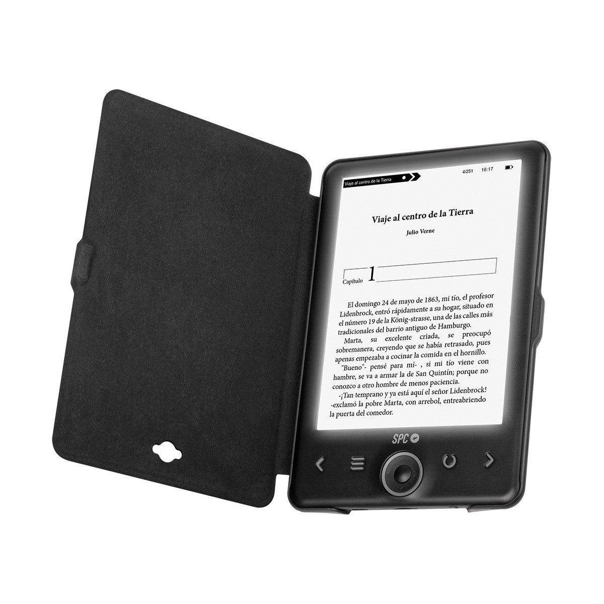 Un lector electrónico muestra el libro "Viaje al centro de la Tierra" de Julio Verne.