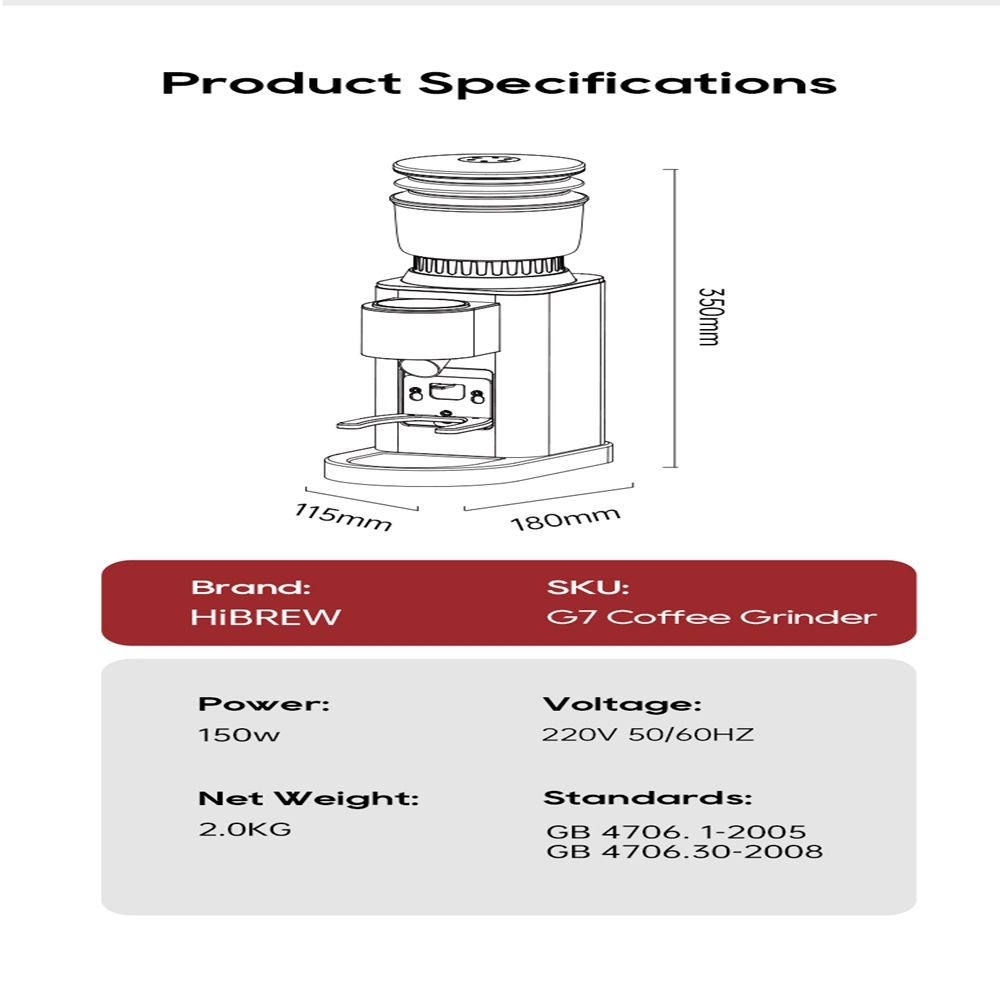 Especificaciones de un molinillo de café: 150W, 230V, 2kg, 115x180x350mm.