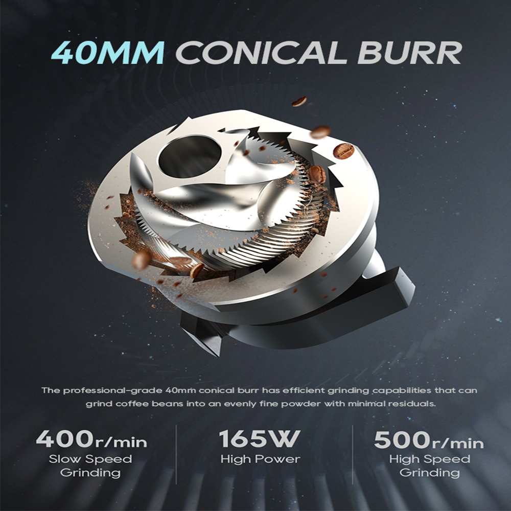 Una muela cónica de 40 mm muele granos de café en polvo fino.