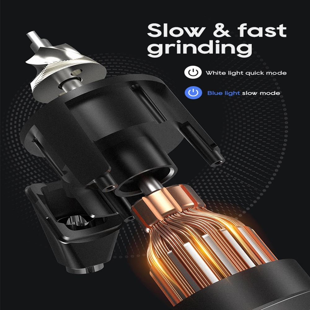 Primer plano de un mecanismo de molienda con bobinados de cobre y texto 'Slow & fast grinding'.