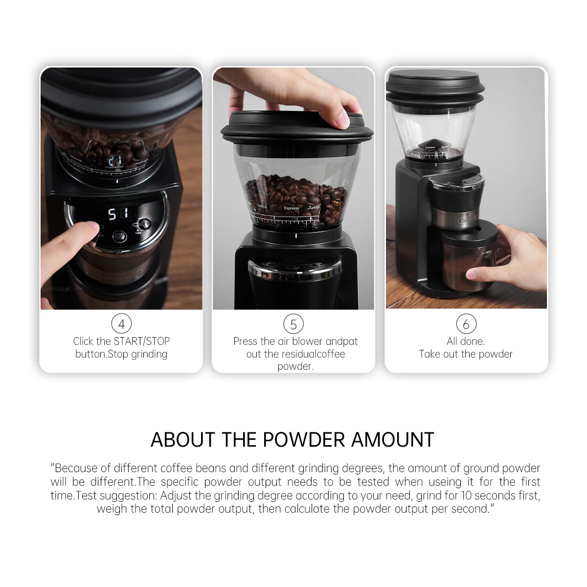 Molinillo de café con granos de café; manual de instrucciones en tres pasos.