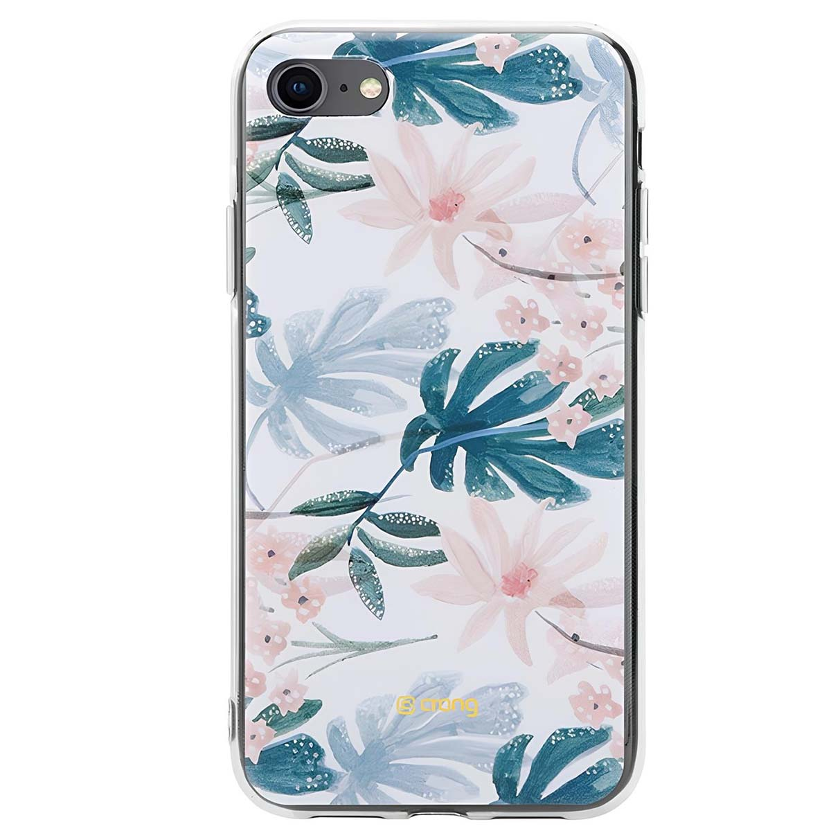 Una custodia per iPhone con motivo floreale ad acquerello sui toni del blu e rosa.