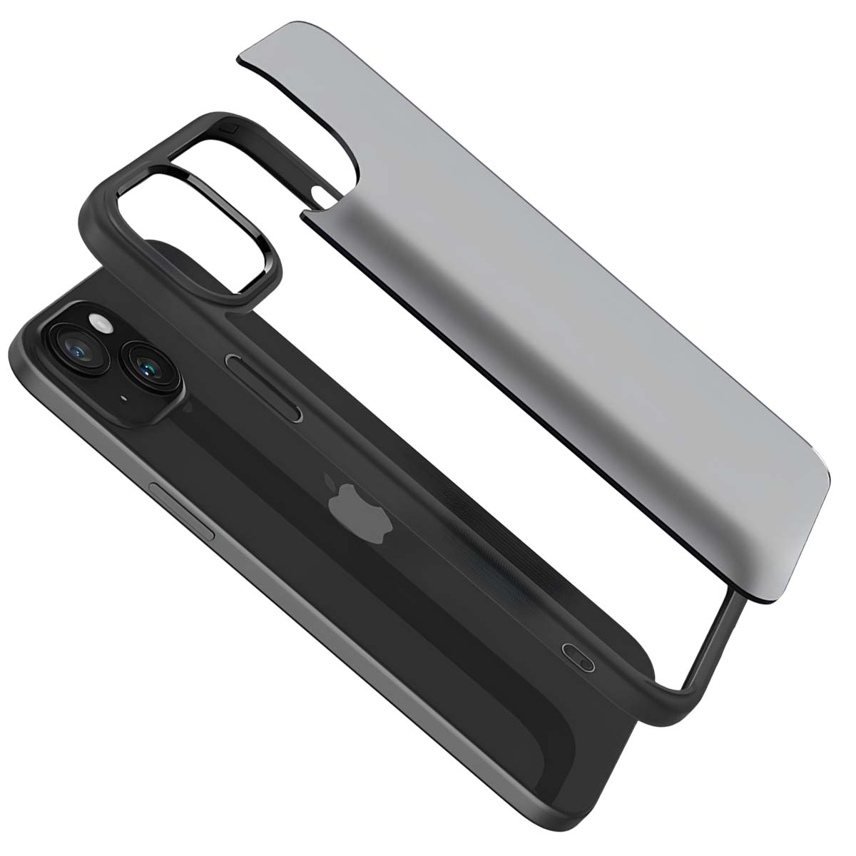 Ein schwarzes iPhone mit einer abnehmbaren silbernen Hülle.