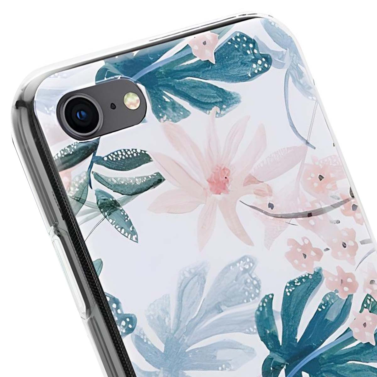 Una custodia per telefono con un delicato motivo floreale in colori pastello.