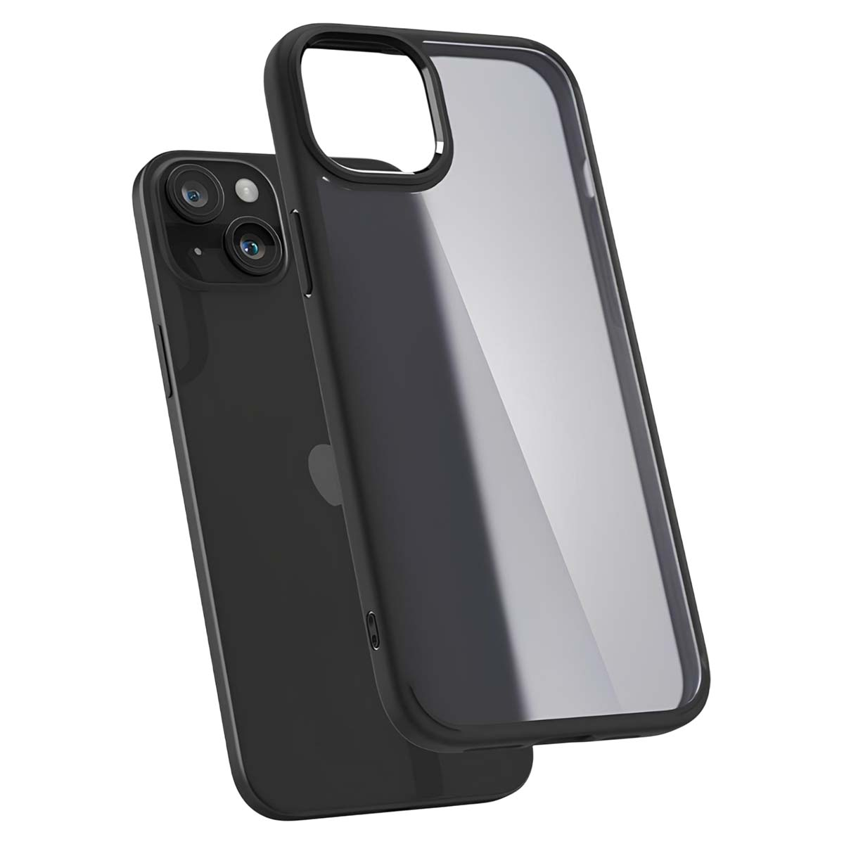 Eine durchsichtige Handyhülle liegt über einem schwarzen iPhone und zeigt Kameras und Logo.