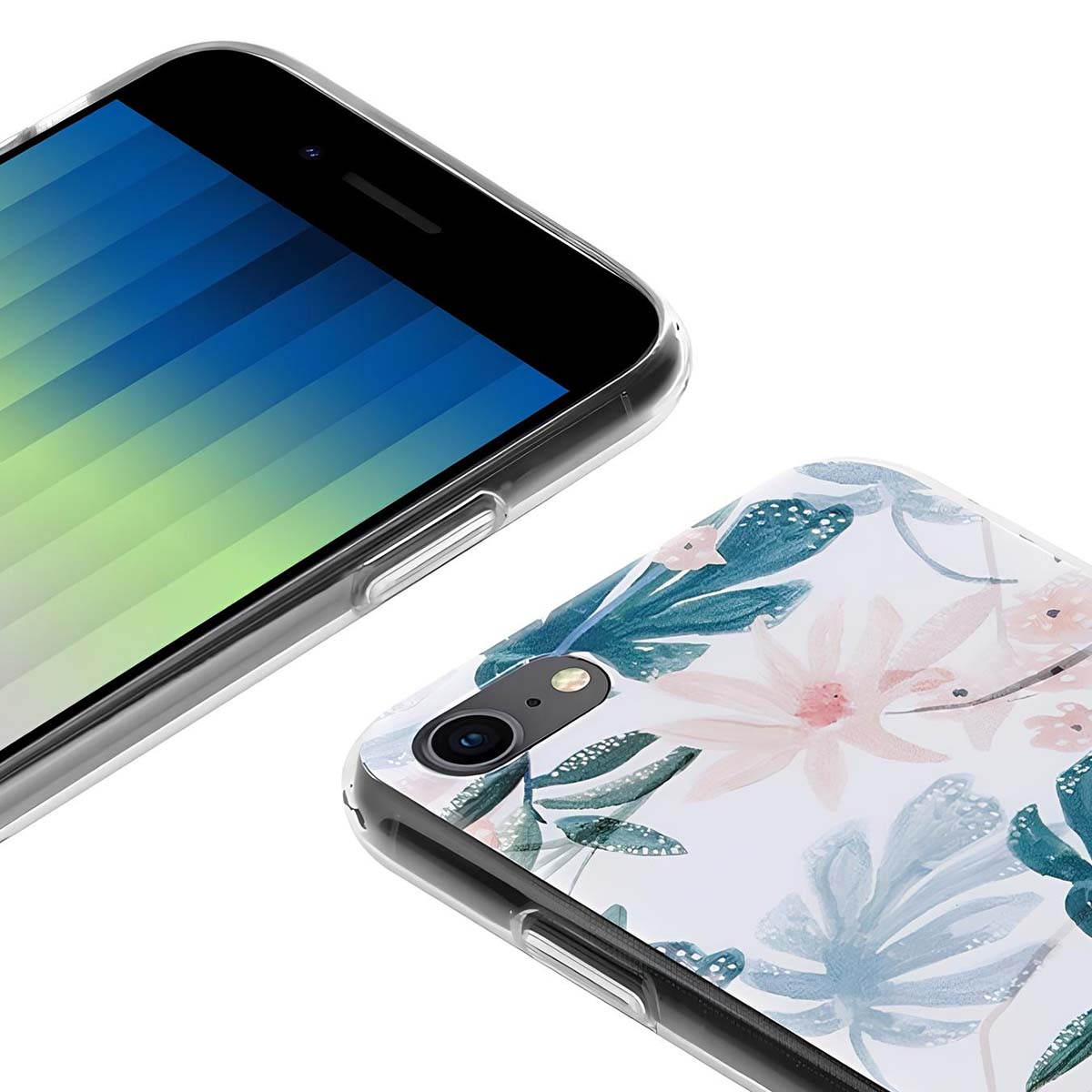 Uno smartphone con motivo floreale e un altro telefono con schermo colorato.