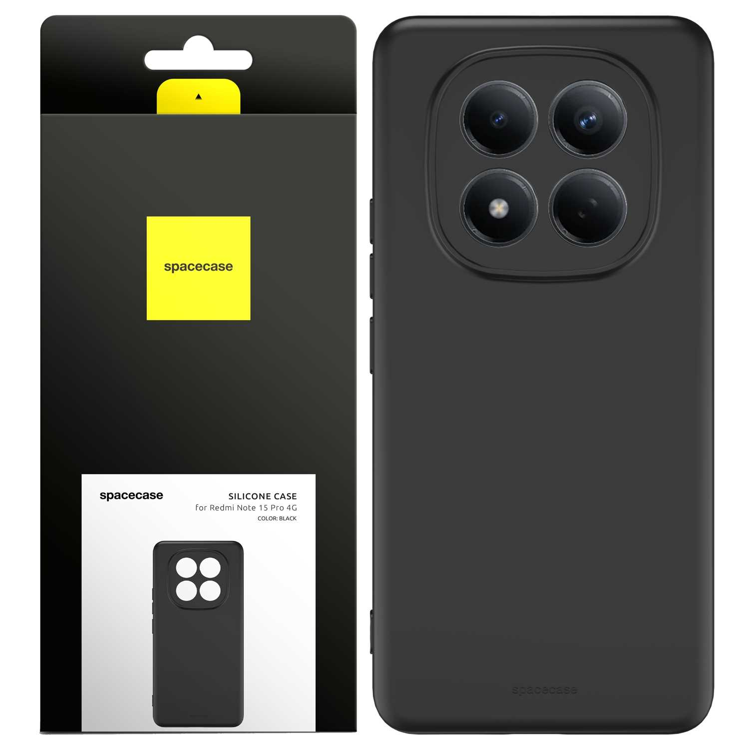 Czarne etui na telefon z czterema obiektywami, obok opakowania.