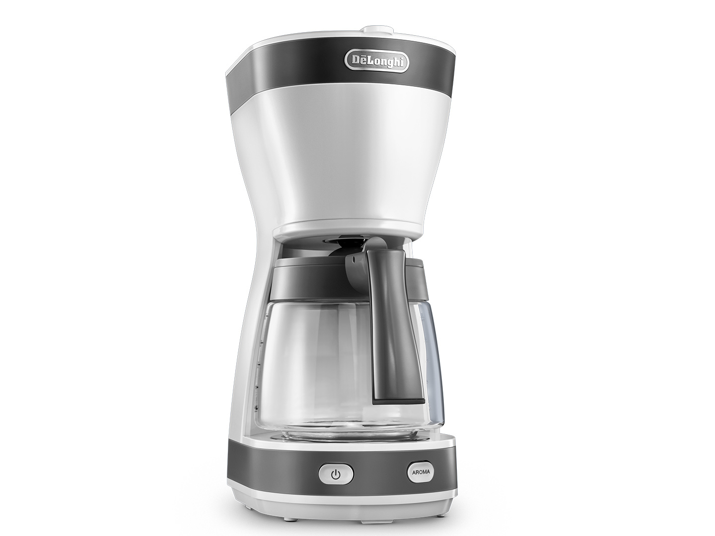 Cam sürahili beyaz ve gri DeLonghi kahve makinesi.