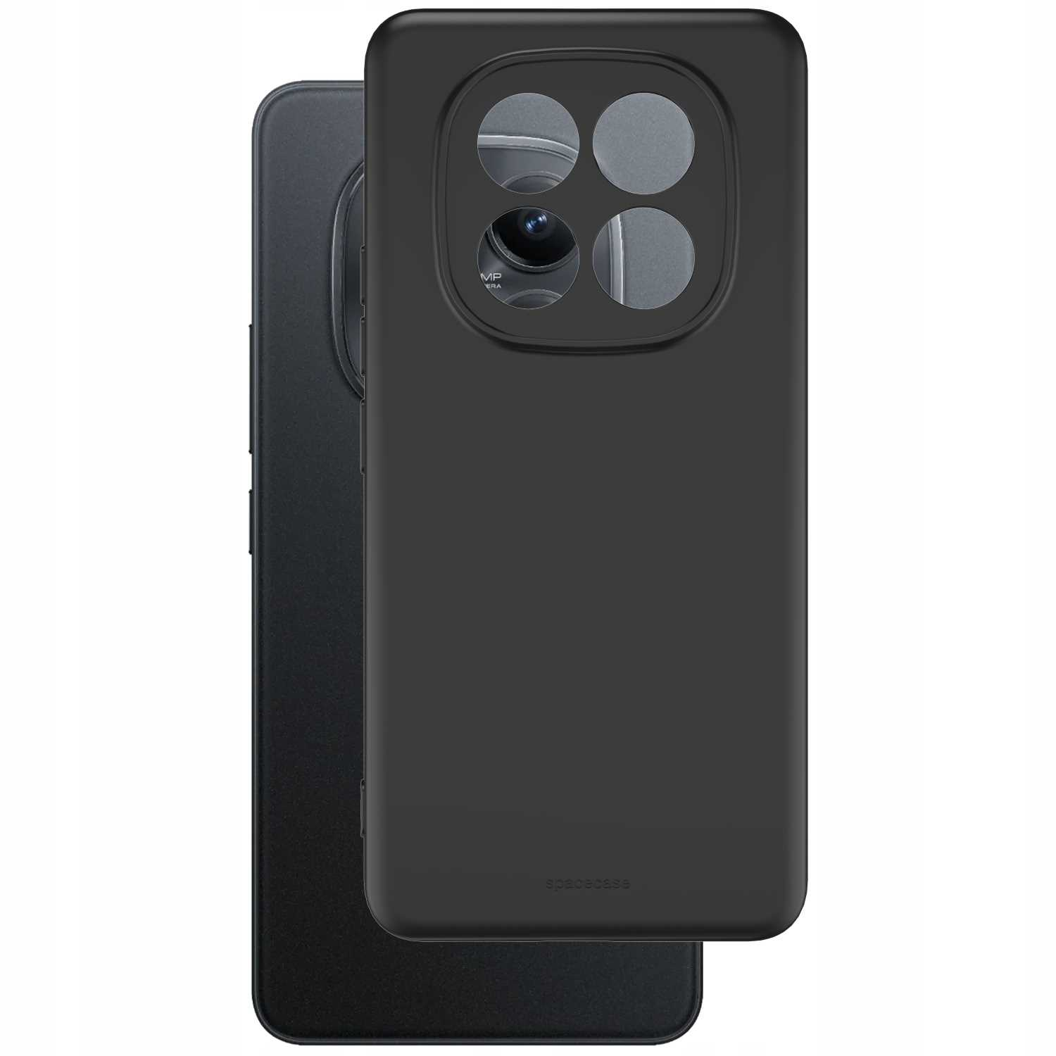 Dwa czarne etui na telefon, jedno z wycięciem na aparat, obok siebie.