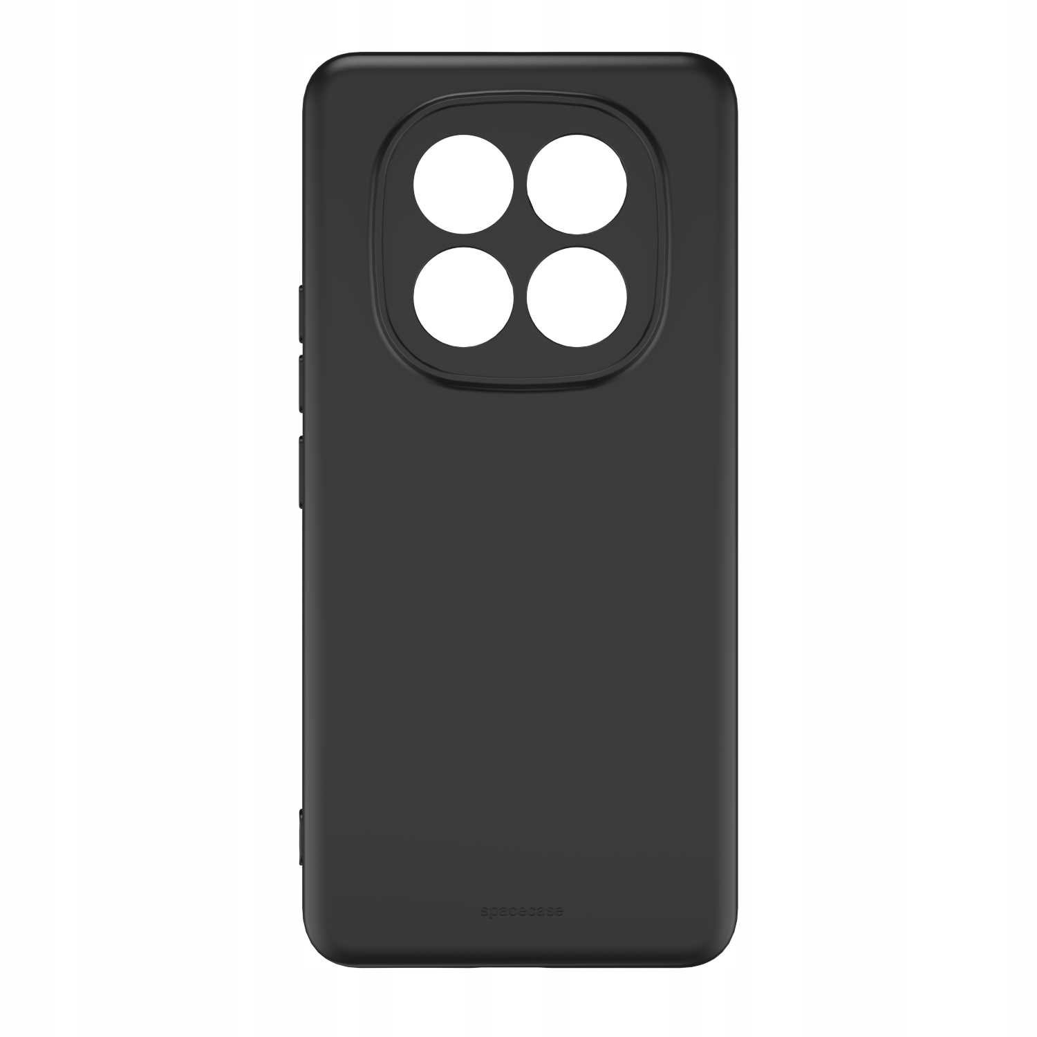 Czarna obudowa telefonu z kwadratowym wycięciem na aparat, dwa kółka.